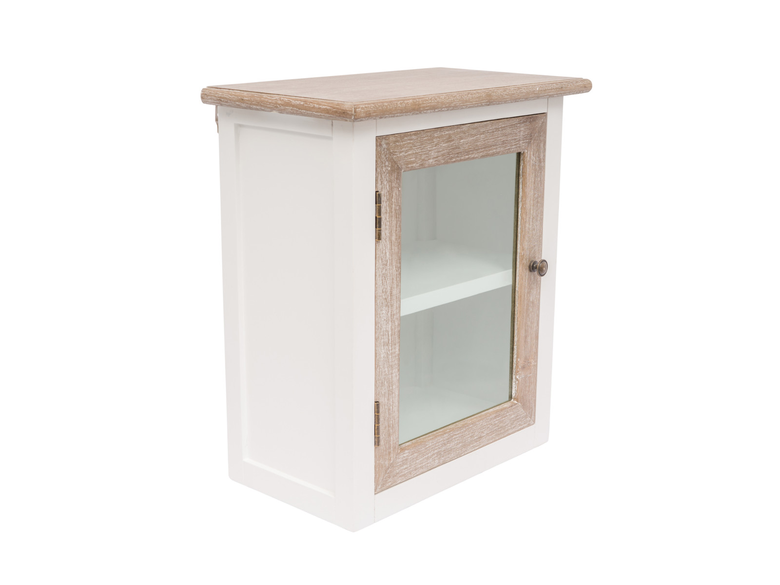 Bad Hängeschrank Kansas: weißer Wandschrank aus Paulownia/MDF mit linker Tür und Glaseinsatz, Freisteller 45°-Ansicht