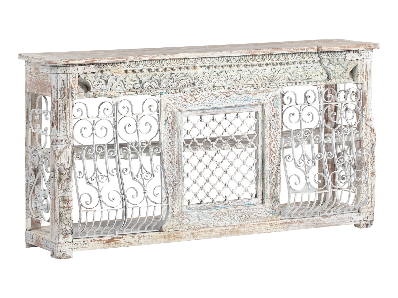 Bartresen Sambesi in 45°-Freisteller-Frontansicht – weiß lackierter Holz-Bar mit filigranen Metallgittern, 180×95×45 cm