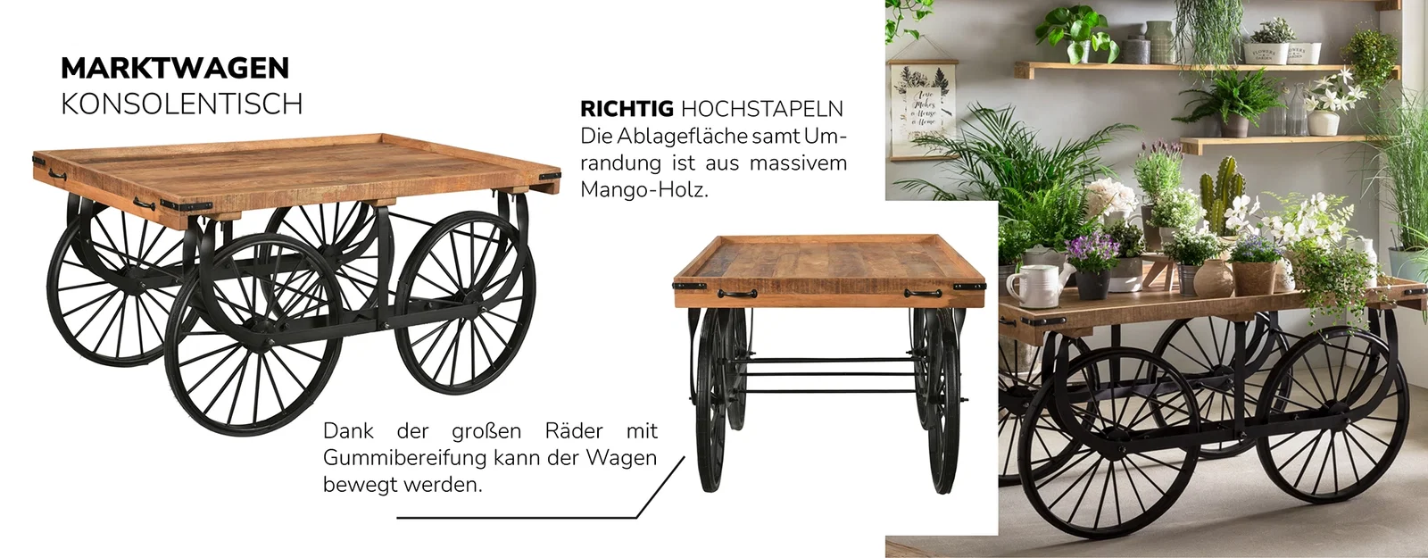 Marktwagen aus Holz auf Rollen mit offenen Ablagen und Metallakzenten, rustikales Landhaus-Design als Servierwagen oder Regal