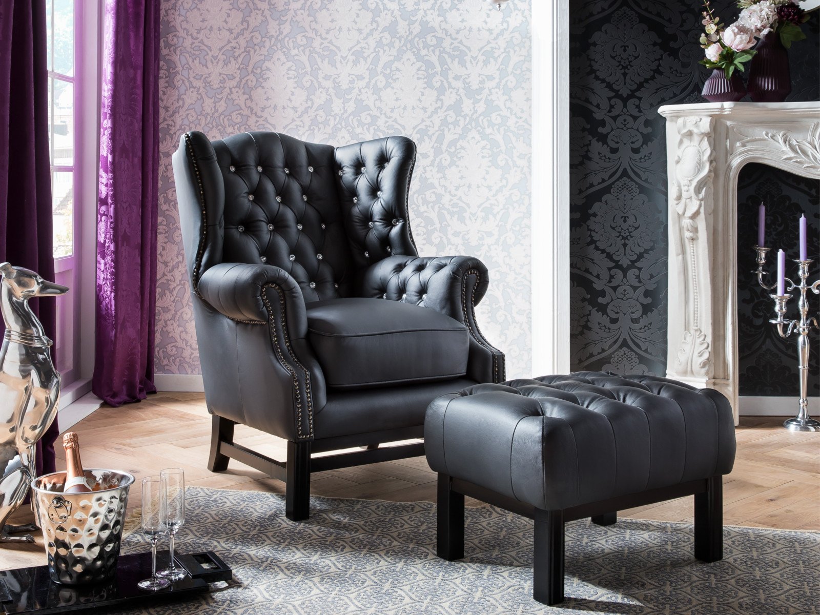 Hocker Chesterfield Kingsfield schwarz Echtleder 61x43x46