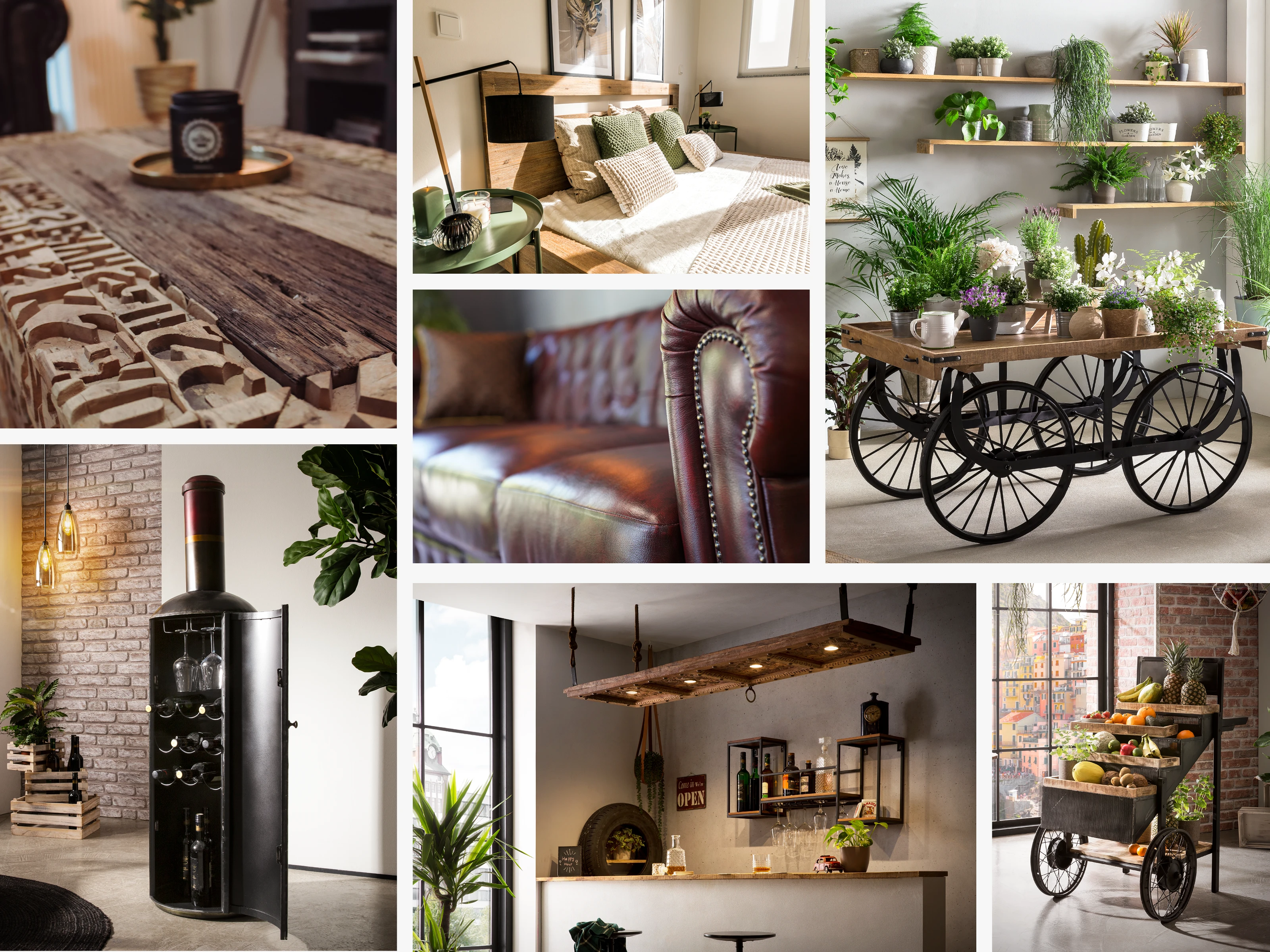 Collage: Holz-Desk- und Bar-Möbel von WoodKings mit Fahrrad-Accessoires, warmes Holzfinish, modernes Loft-Ambiente