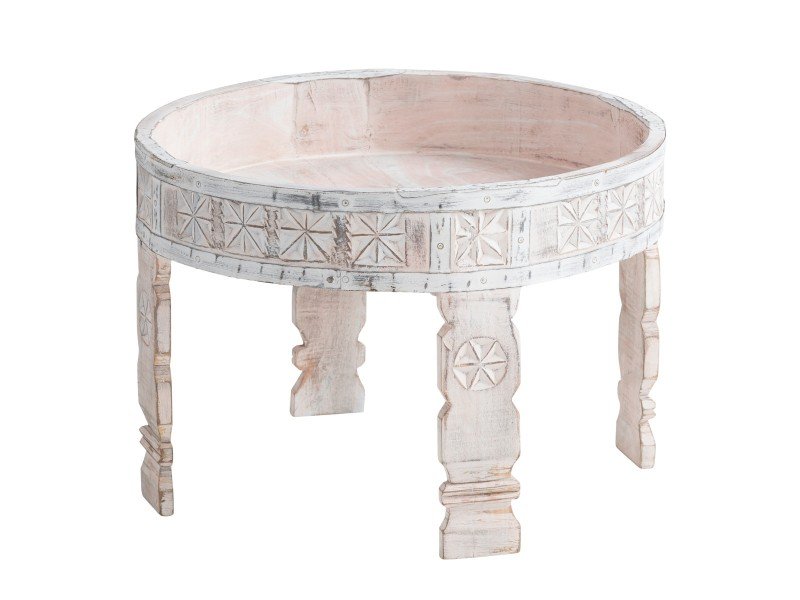 Runder Beistelltisch Chakki, freigestellt: Massivholz mit sichtbarer Maserung und warmem Naturfinish, schlichtes modernes Design