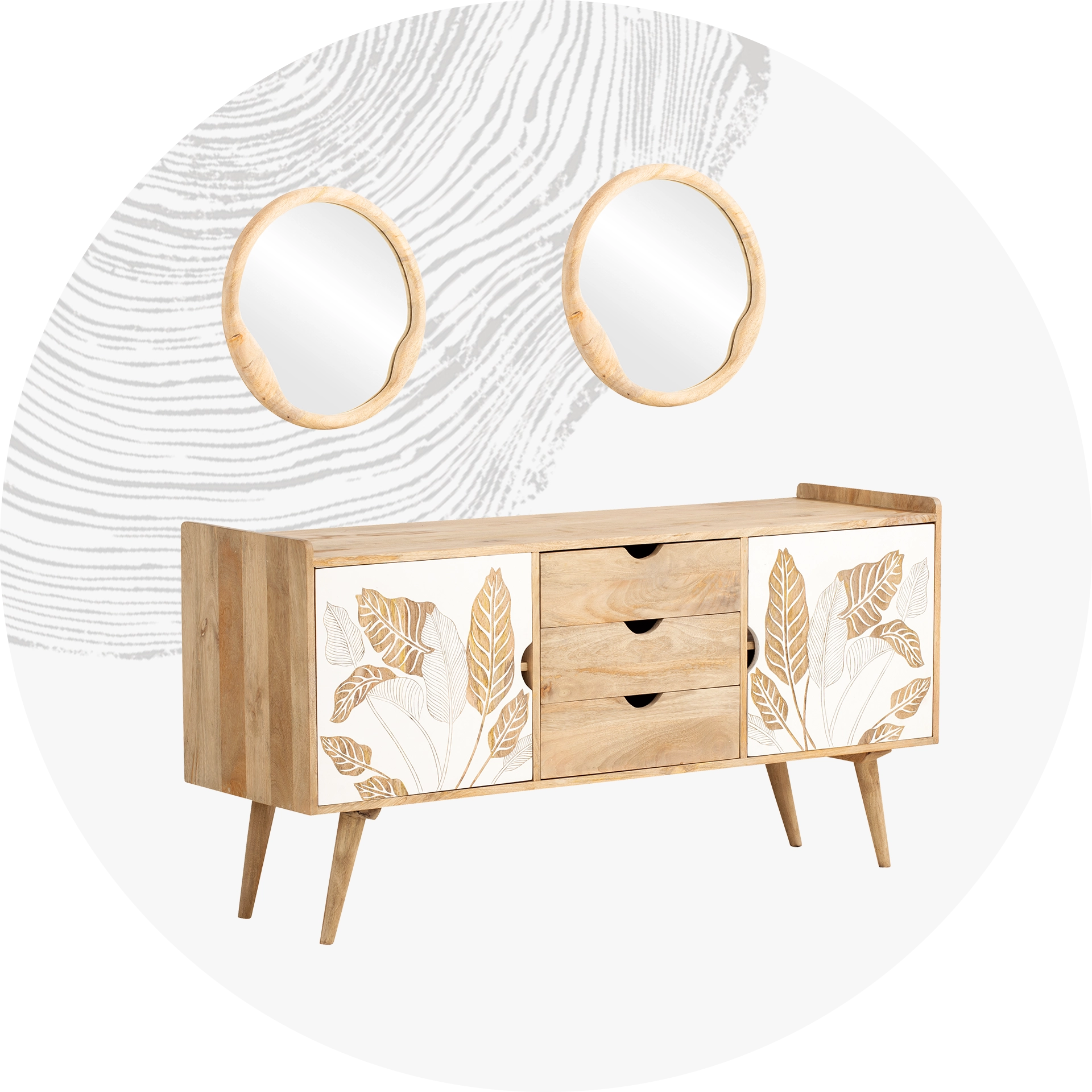 Modernes Badmöbel-Set mit Waschtisch und Aufsatzbecken, Wandspiegel und Holzfronten in heller Naturoptik, minimalistisches Design