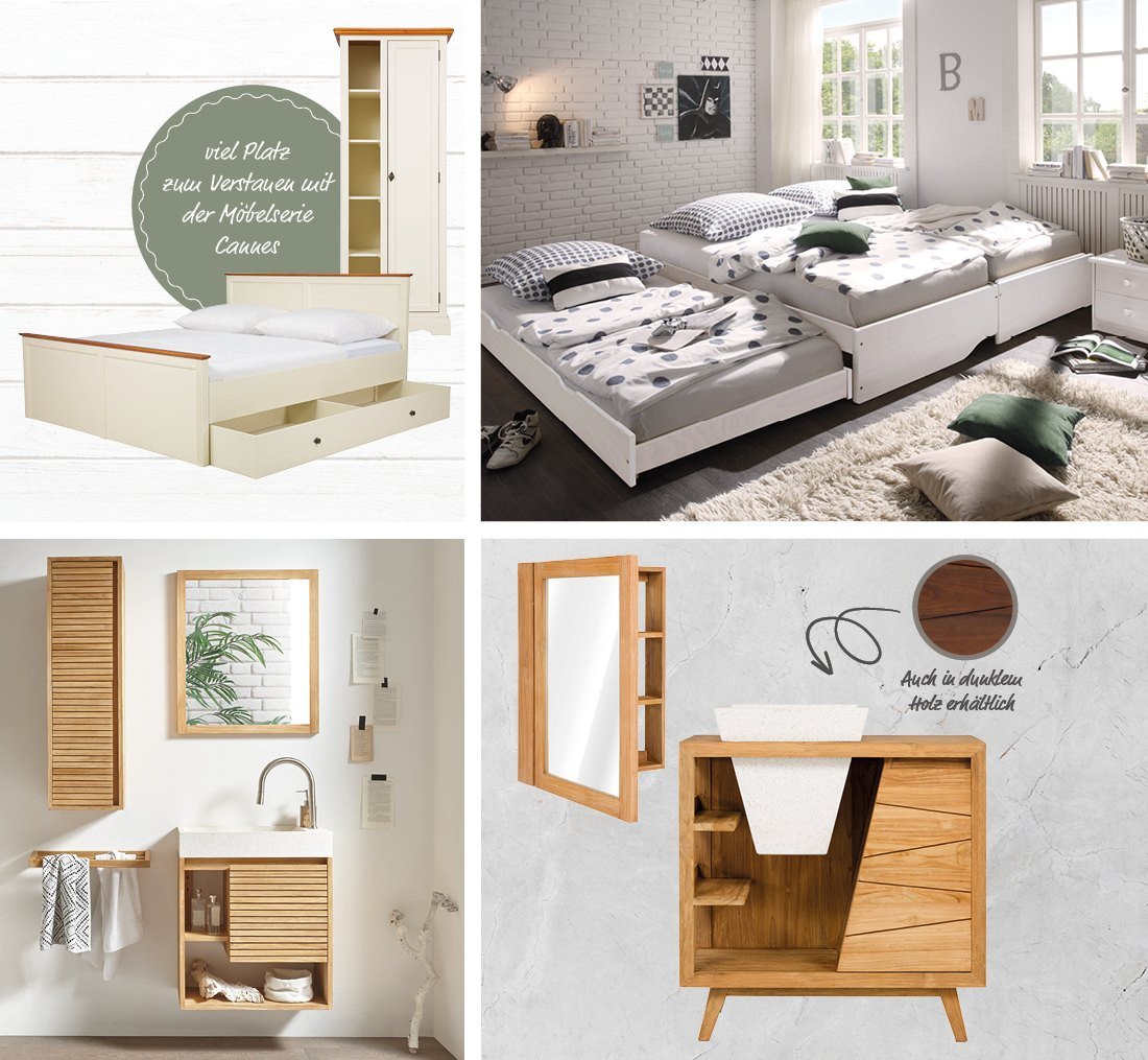 Helles, modernes kleines Wohnzimmer mit kompakter Couch, Beistelltisch, Dekokissen und Grünpflanze im skandinavischen Stil