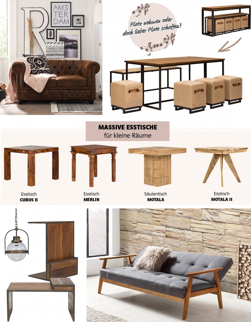 Kleines modernes Wohnzimmer mit platzsparender Sitzgruppe und Couchtisch – Möbel für kleine Räume, helle minimalistische Einrichtung