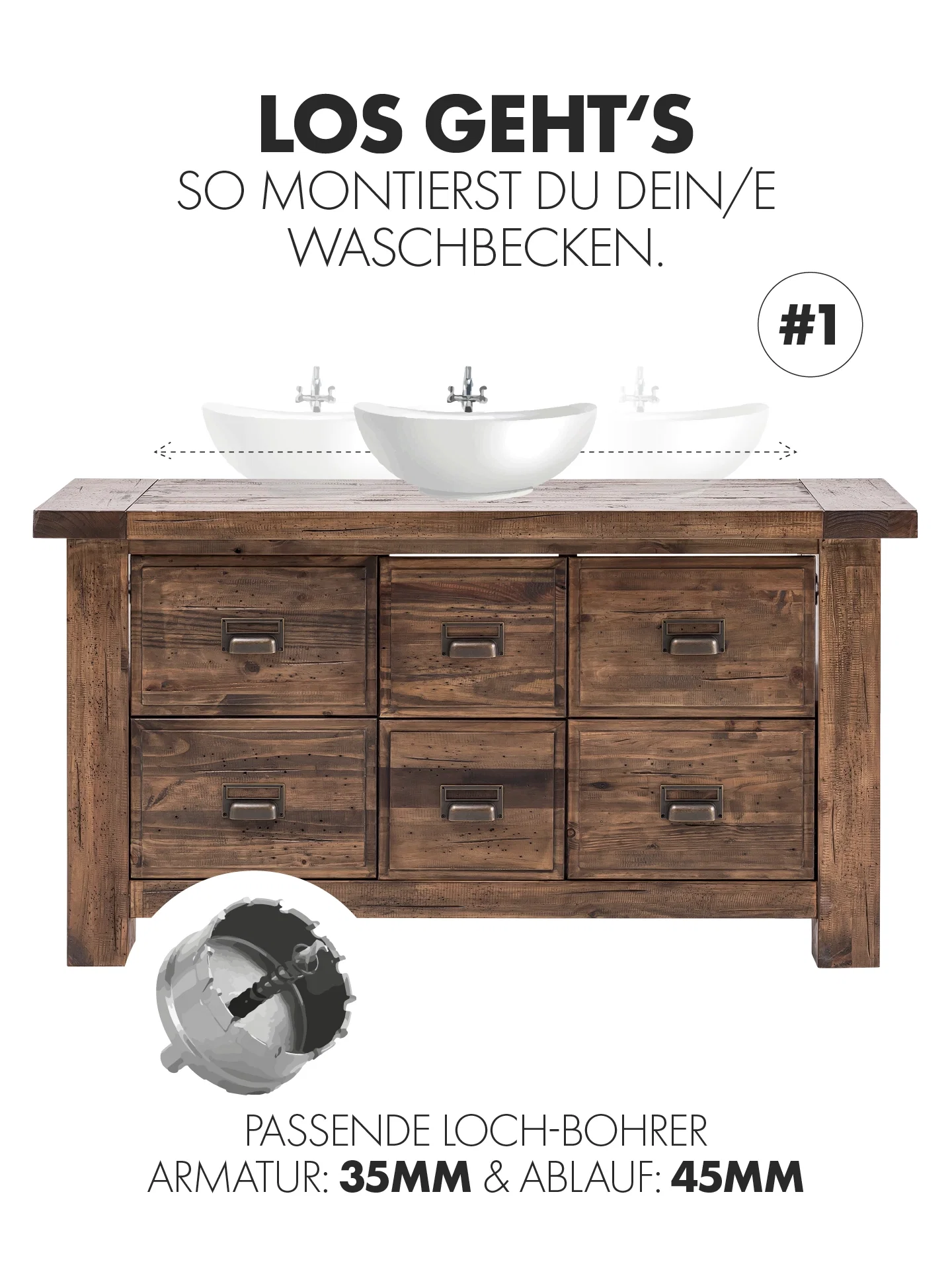 Moderner Holz-Waschtisch mit Aufsatzbecken im hellen, minimalistischen Badezimmerambiente — Naturholz, klare Linien, elegante Armatur