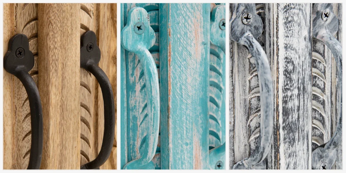 Detail der Farben und handgeschnitzten Santa Cruz Holzfront aus massivem Mangoholz