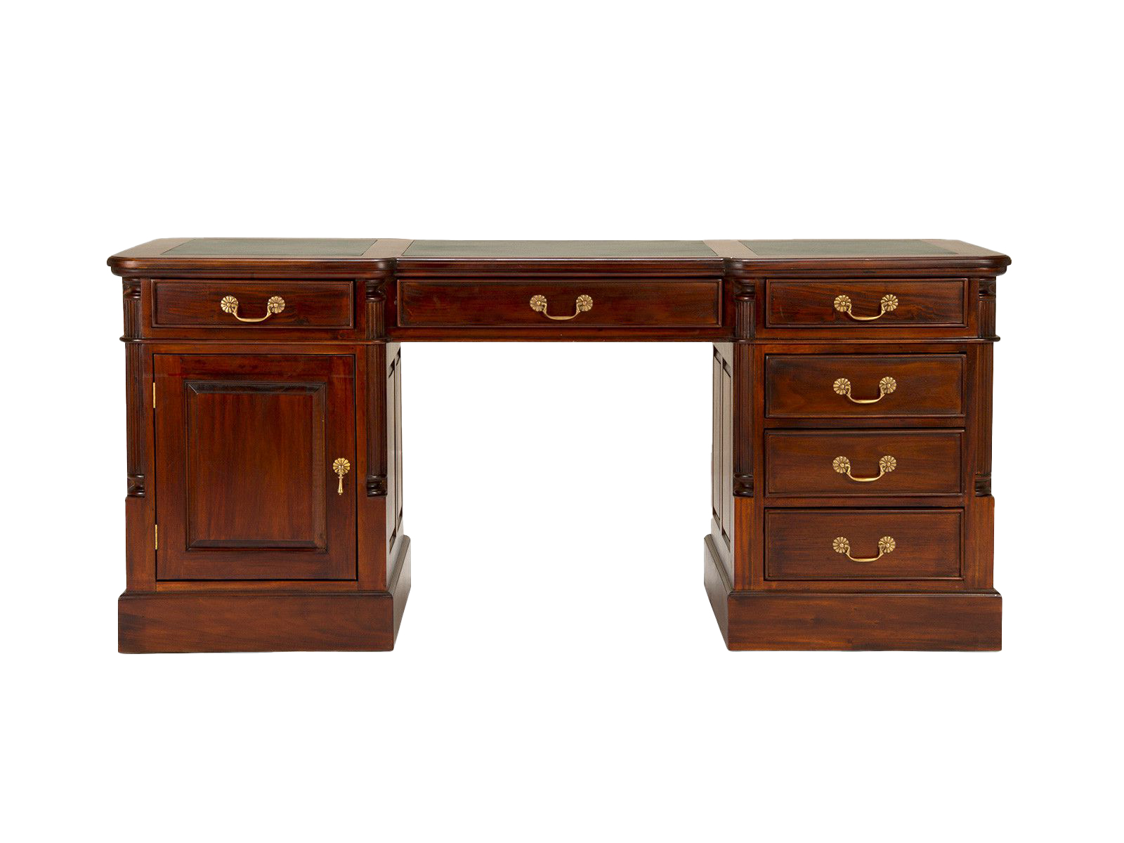 Freisteller-Frontansicht Schreibtisch Cambridge aus lackiertem Mahagoni mit grüner Lederauflage, 160×80×80 cm, 7 Schubladen