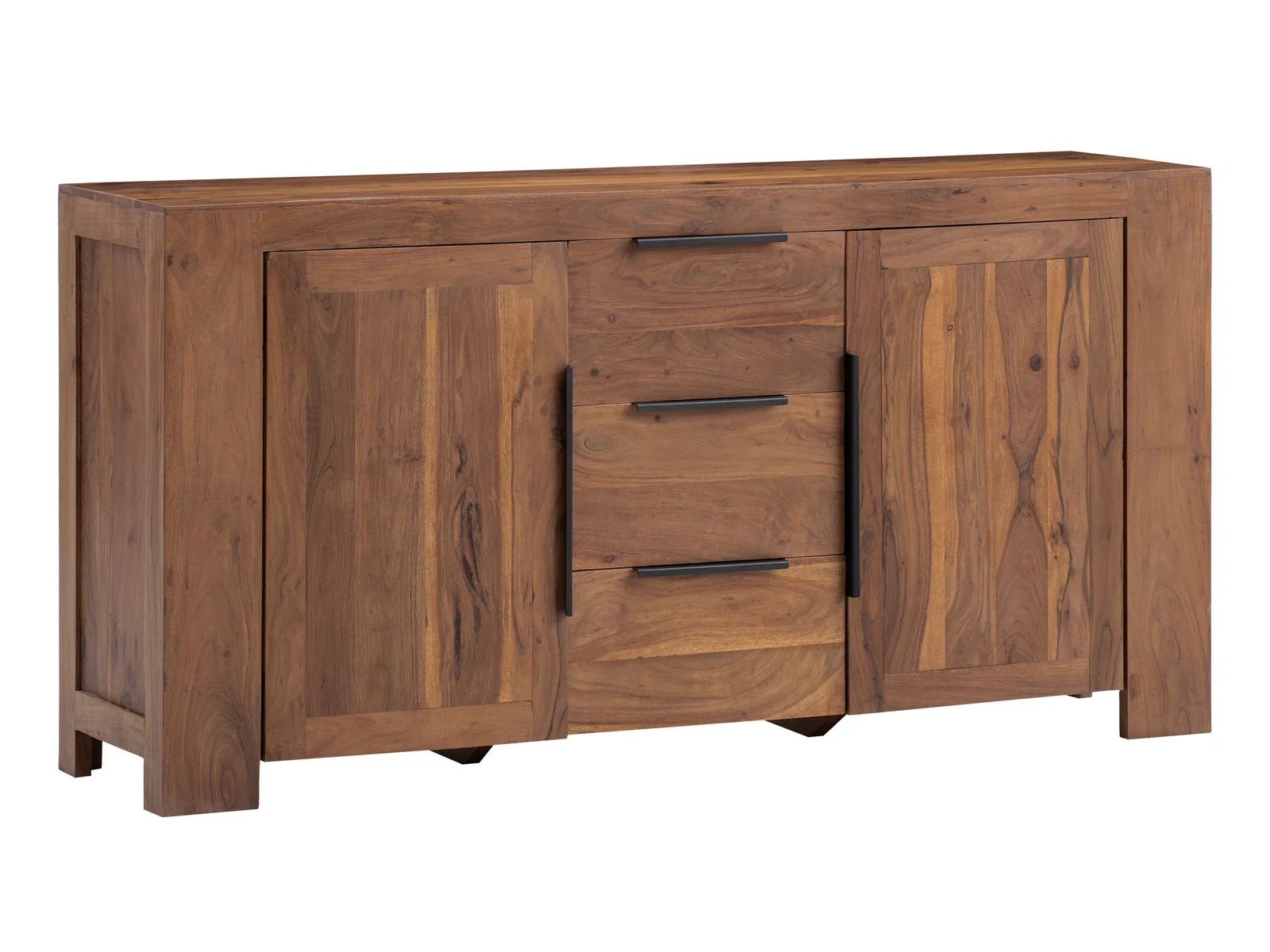 Sideboard Osbon als Freisteller-Frontansicht: lackiertes Akazienholz, 2 Türen, 3 Schubladen, 175×45×90 cm
