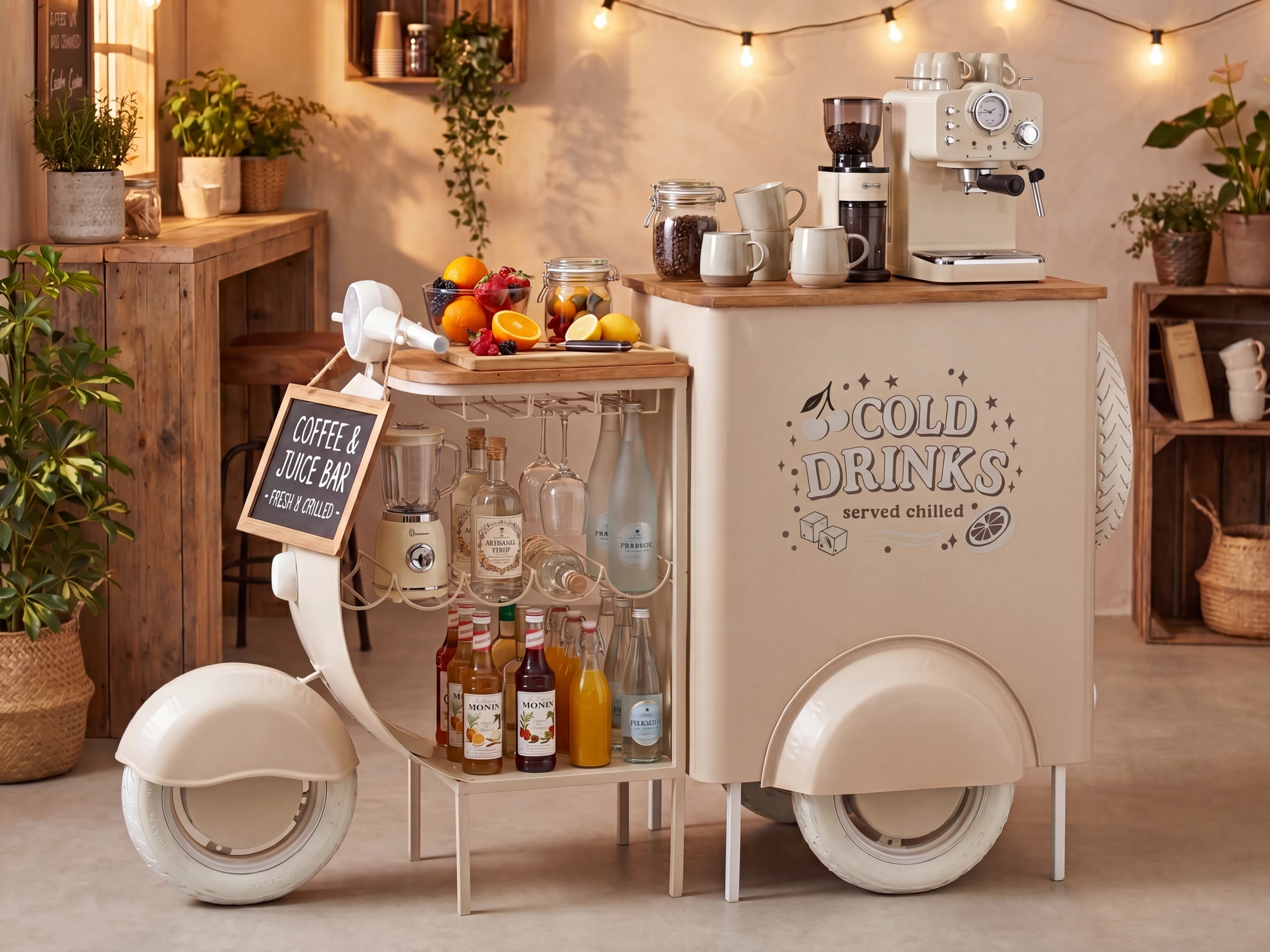 Bartresen Scooter in Frontansicht, mobil als Coffee- und Juice-Bar mit Holzplatte, Metallgehäuse und Stauraum für Getränke und Mixer
