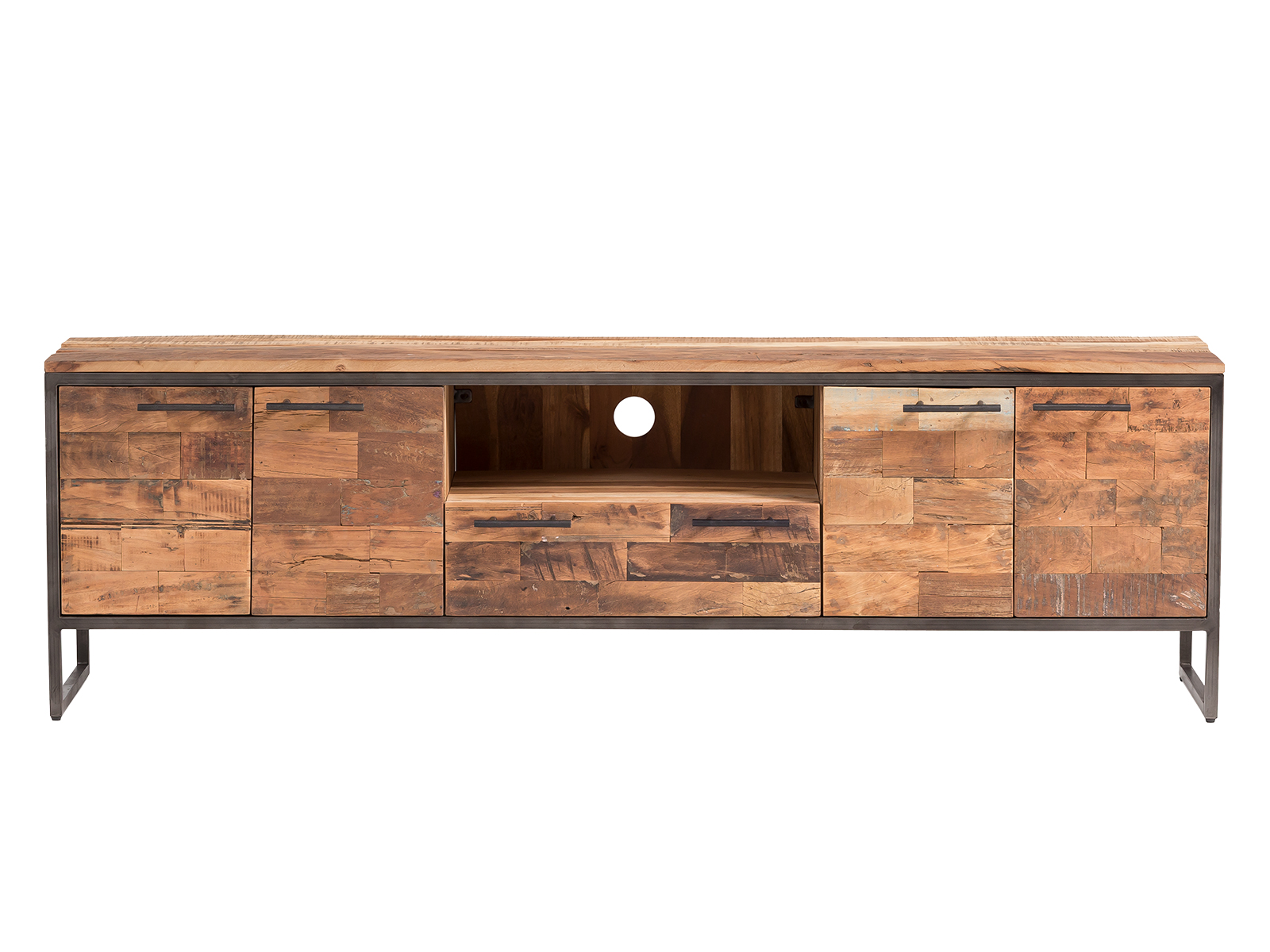 TV-Board Bristol aus braunem Altholz (Frontansicht, Freisteller) mit 4 Türen, 1 Schublade und offenem Fach, B180×H52×T38?cm