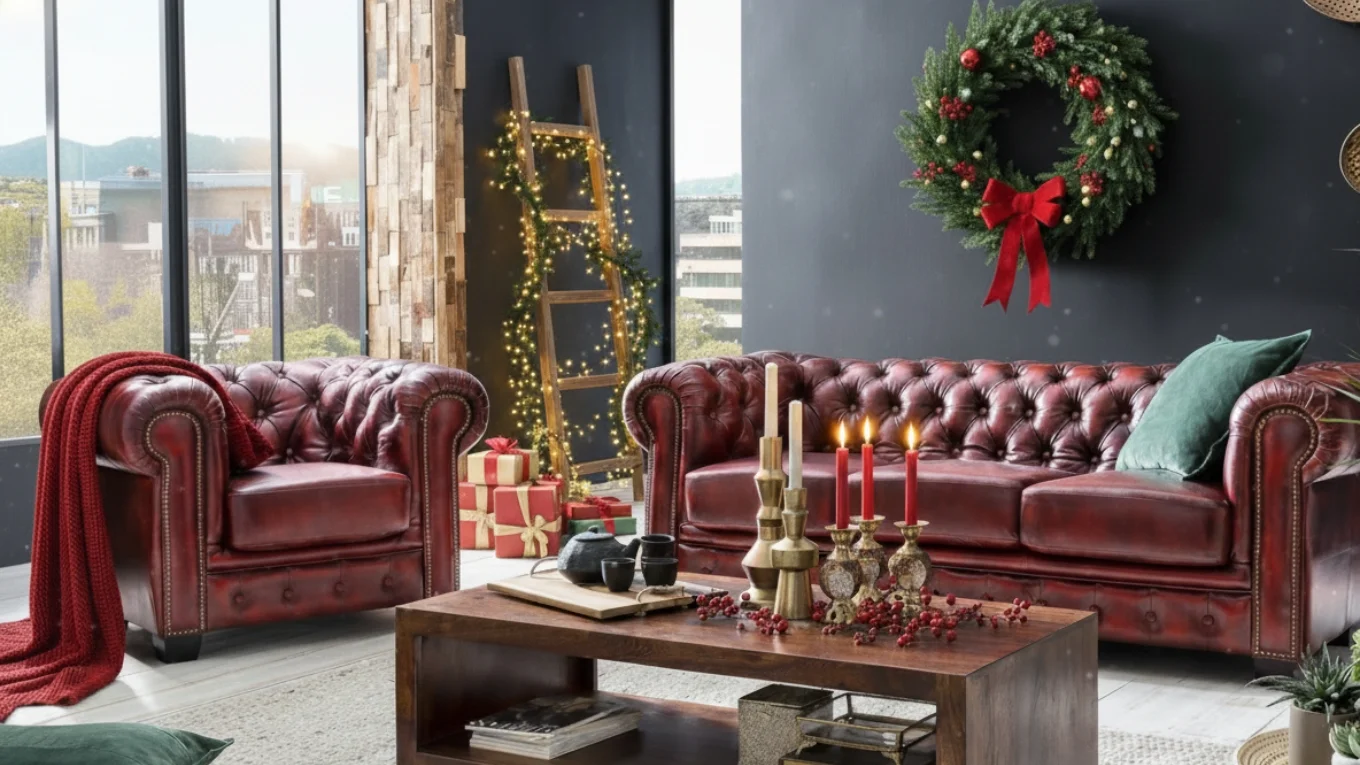 Alternativer Weihnachtsbaum aus Holz, minimalistisches rustikales Design mit dezenter Deko auf hellem Hintergrund, skandinavischer Stil