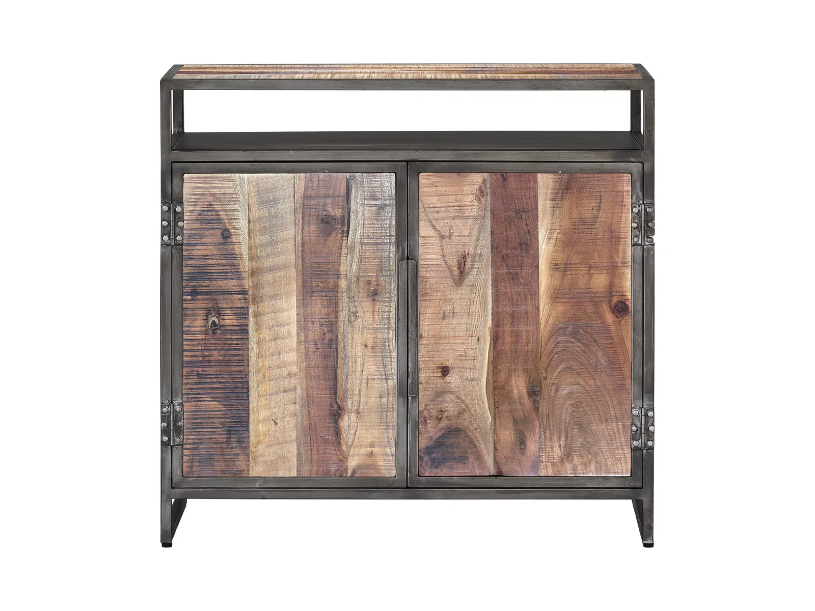 : Holzkommode mit sichtbarer Maserung und dunklem Metallgestell für einen warmen, funktionalen Industrial Look im Wohnbereich.
