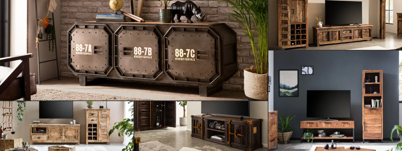 Modernes Massivholz-TV-Lowboard im hellen Wohnzimmer, warmes Holzfinish, minimalistisch-skandinavischer Stil mit Dekoration und Pflanzen