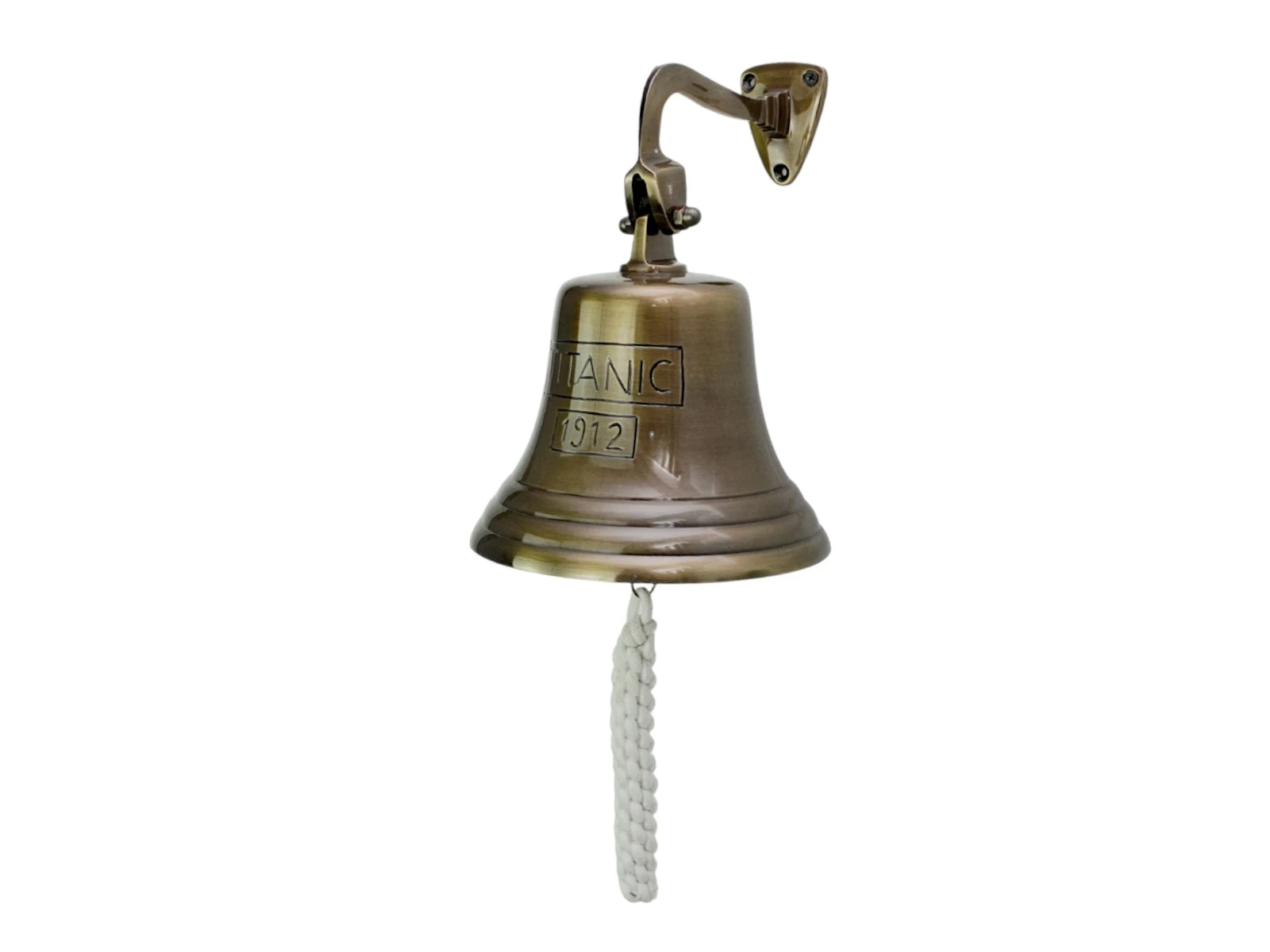 Freisteller, 45°-Ansicht der antik wirkenden Thekenglocke Max (Metall, Ø18 cm, H26×T22 cm) mit Wandhalterung und Zugglocke