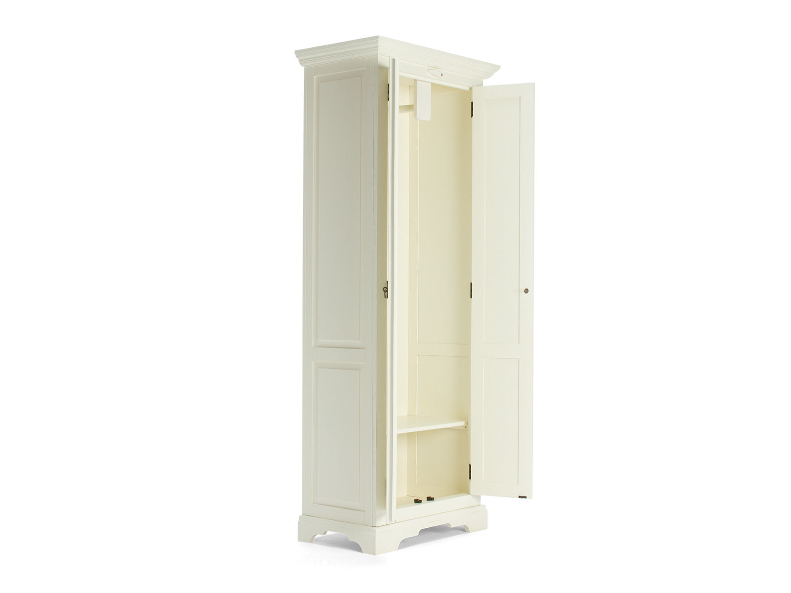 Freisteller: Kleiderschrank Catana Weiß (75×190×44?cm) aus Pinie/MDF, 45°-Frontansicht mit geöffneter Doppeltür und Innenfach