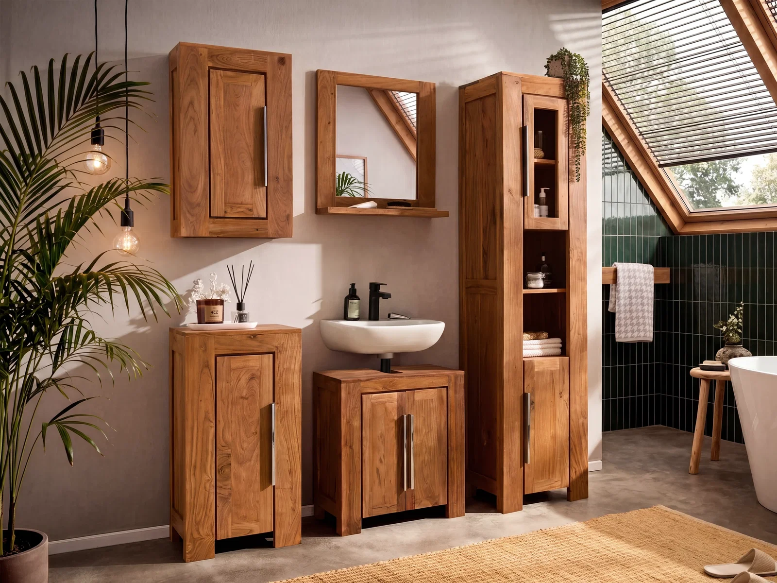 5-teiliges Badset aus lackierter Akazie mit Silbergriffen, im stilvollen Badezimmer als Wohnbeispiel mit Waschbecken und Spiegeln in Front- und 45-Grad-Ansicht.