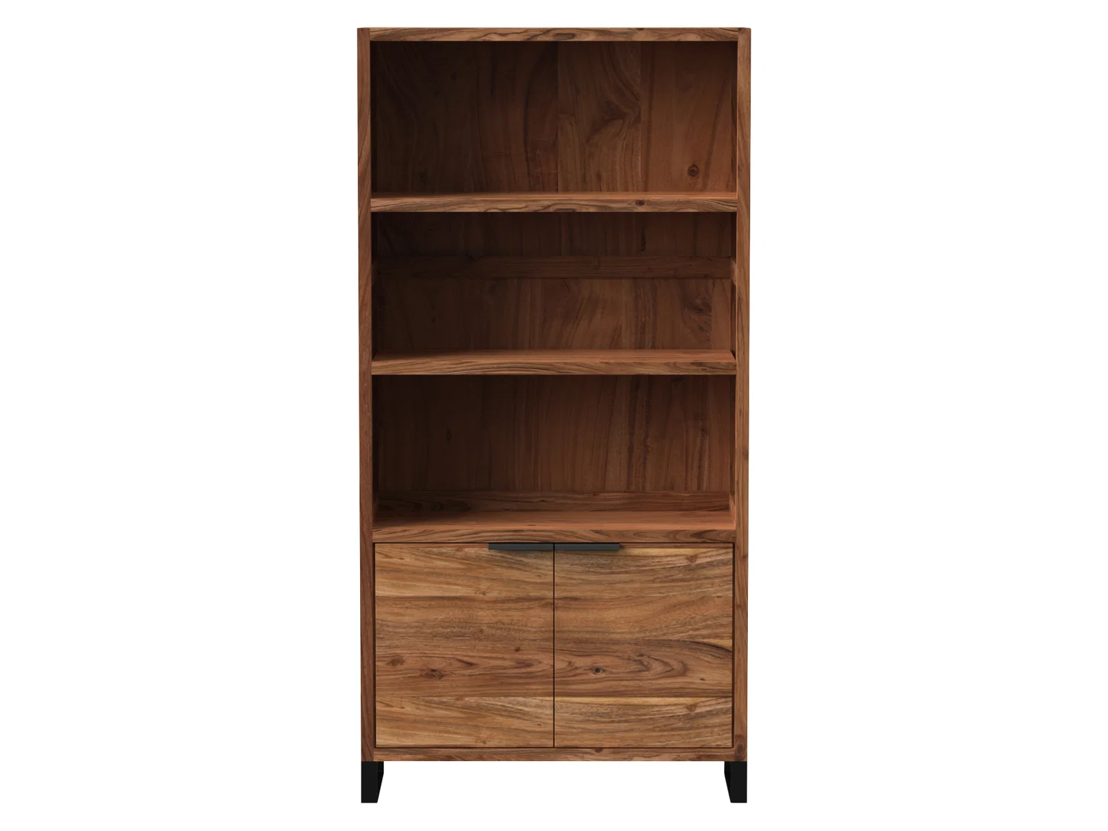 Modernes offenes Holzregal mit mehreren Böden in warmem Eichenfinish, minimalistisches Wohnambiente