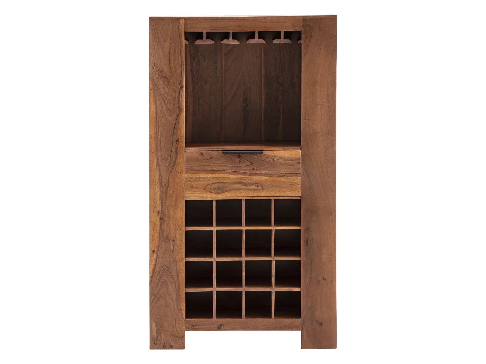 Freisteller-Frontansicht: Highboard Osbon aus lackierter Akazie (80×145×45 cm) mit 1 Schublade, 16 offenen Fächern, braun