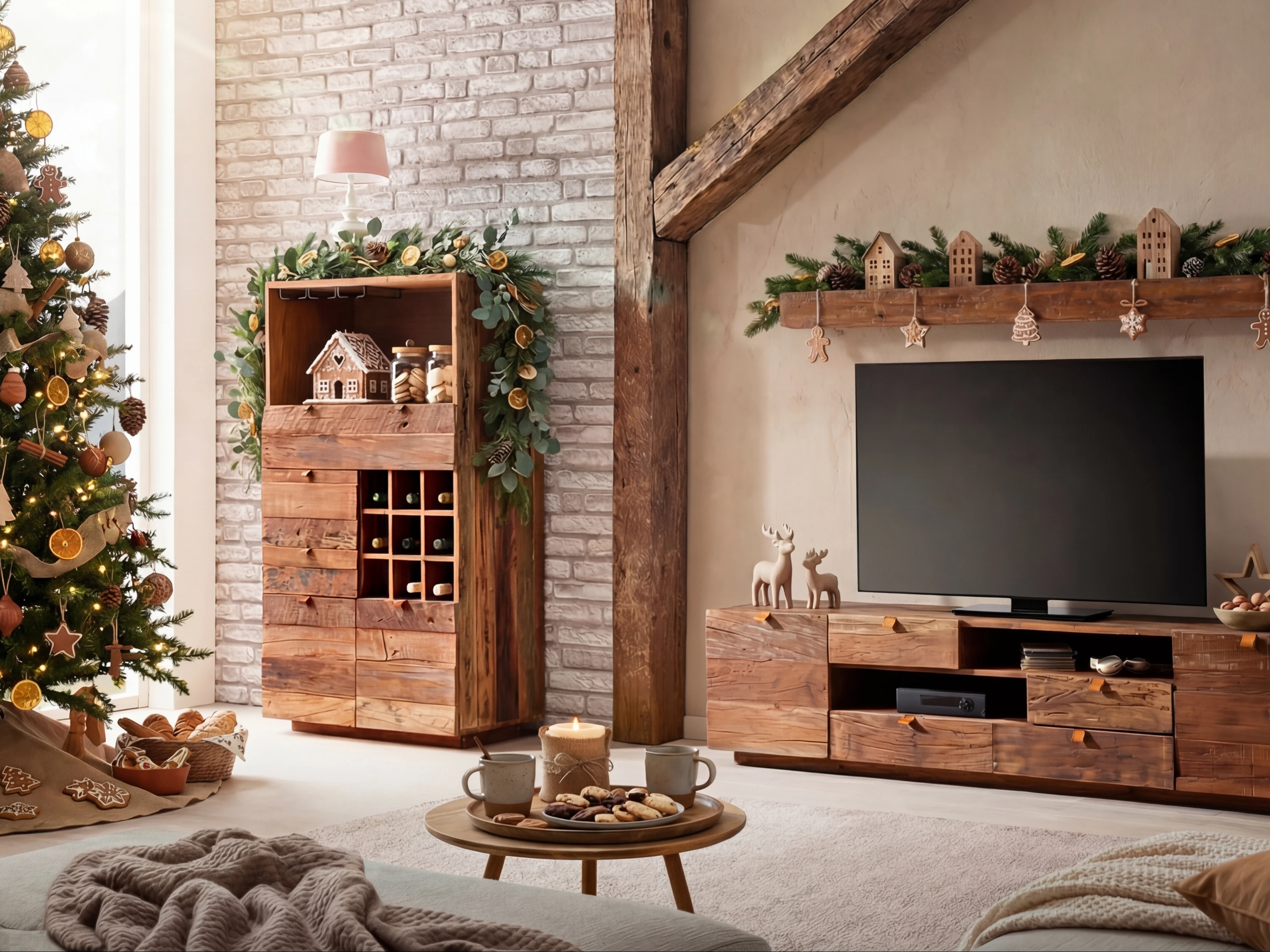 Oldwood Weihnachtsambiente mit rustikaler Holzoptik, Tannengrün und Lichtern – festliche Deko in warmen Naturtönen