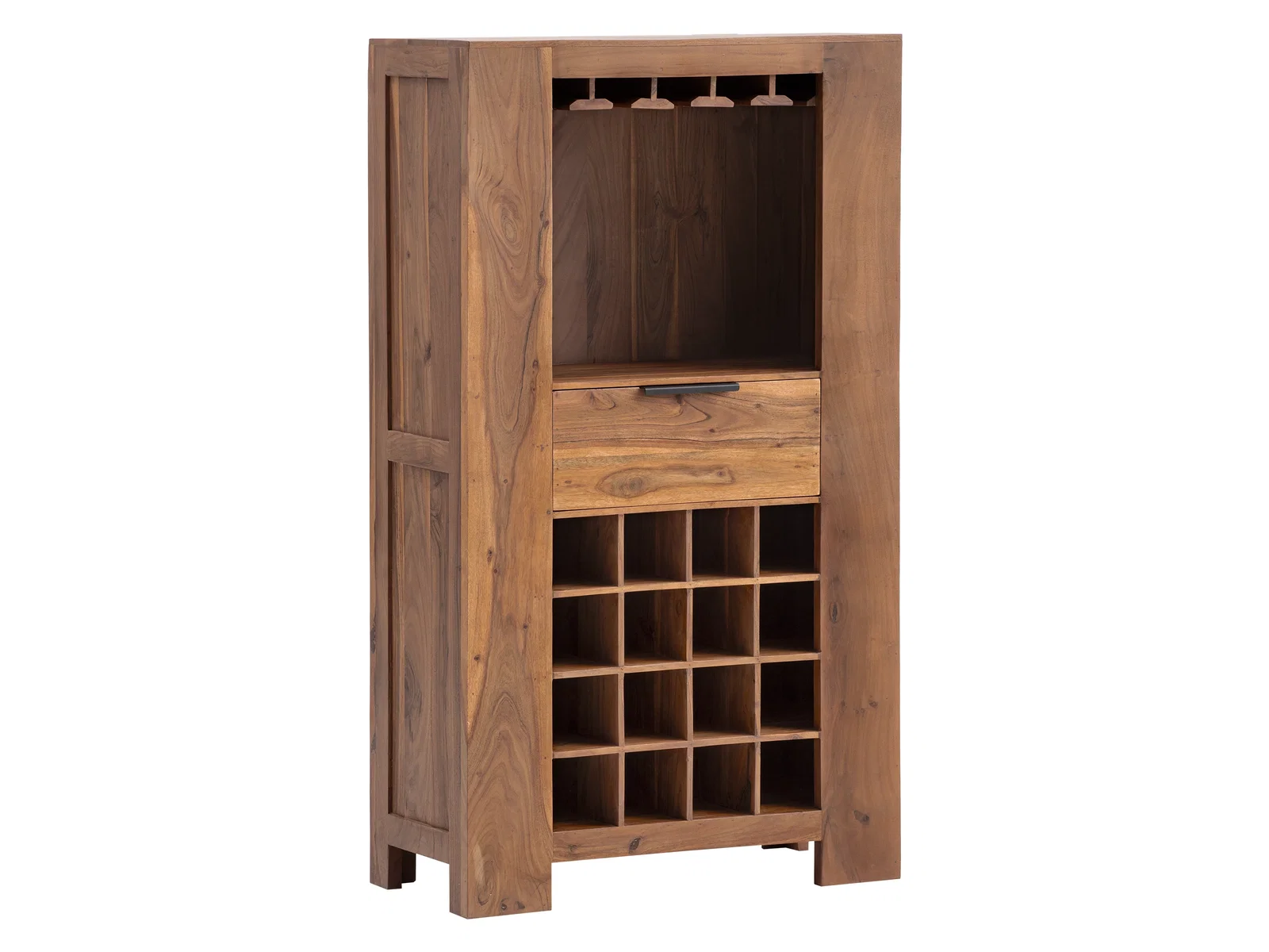 Freisteller 45°-Ansicht: Highboard Osbon Akazie (80×145×45 cm), Massivholz, 1 Schublade, 16 offene Fächer für Weinflaschen.