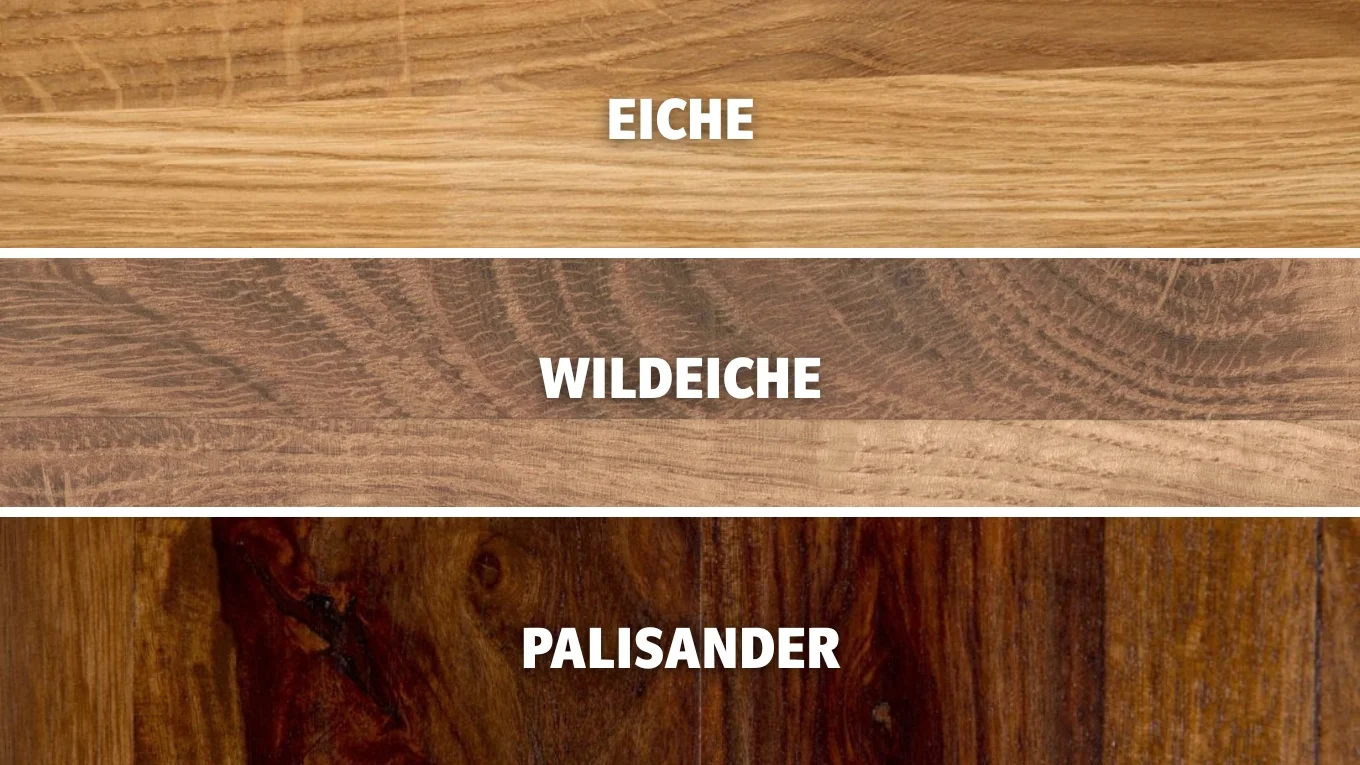 Eichenholz-Oberfläche mit markanter Holzmaserung in warmen Brauntönen – Nahaufnahme als Materialmuster für Möbel.