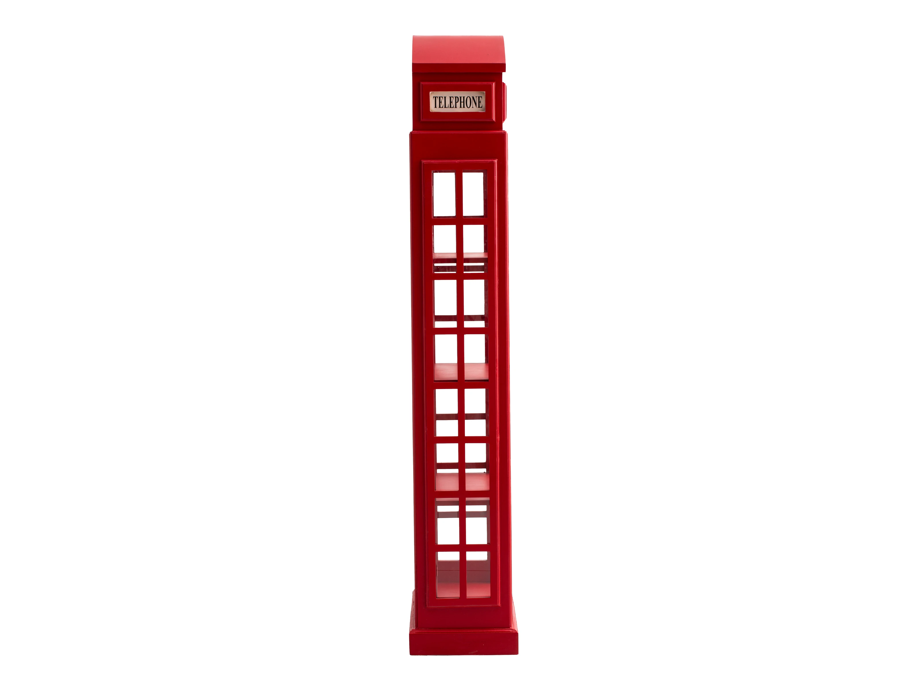 Bücherregal Telefonzelle, Freisteller-Frontansicht, lackiertes Holz, rot, 205×72×32 cm, 4 offene Fächer zur Buchpräsentation