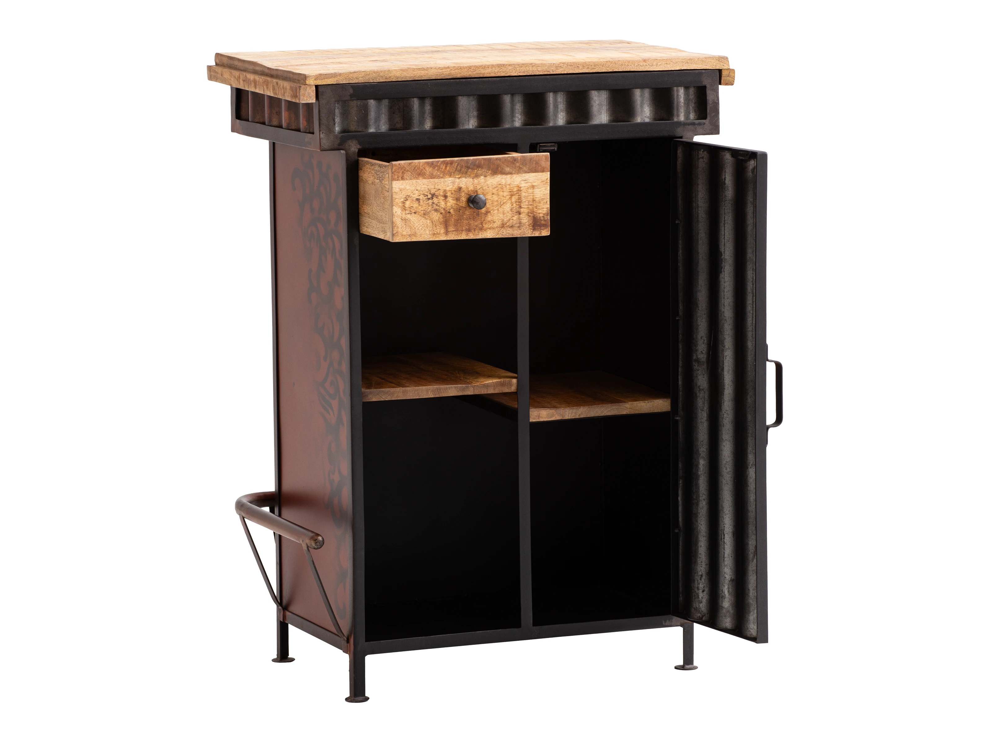 Freisteller Frontansicht geöffnet: Bartresen Hollowhorn, 75×100×42 cm, lackiertes Mangoholz & Metall, 1 Tür, 1 Schublade Freisteller Frontansicht geöffnet: Bartresen Hollowhorn, 75×100×42 cm, lackiertes Mangoholz & Metall, 1 Tür, 1 Schublade