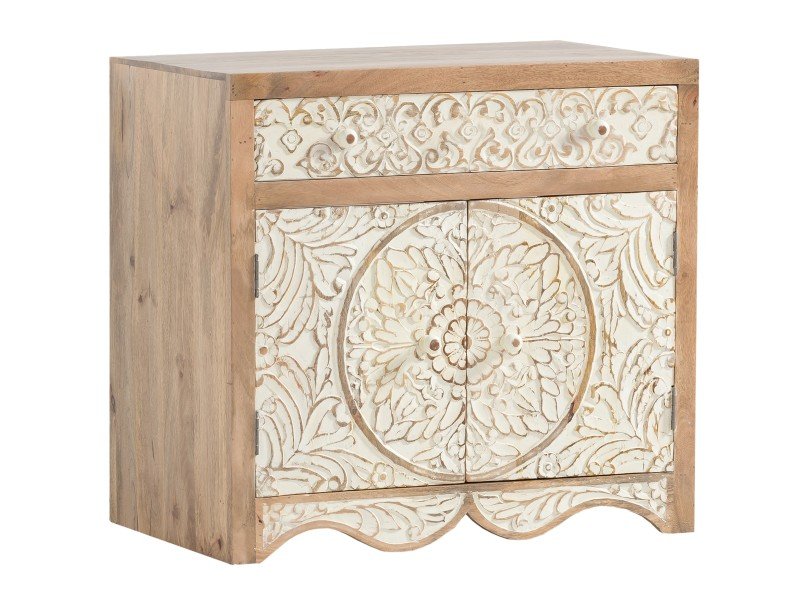 Kleiner Holz-Waschtisch 'Delhi' mit rundem Spiegel und Aufsatzbecken in warmem, minimalistischen Badezimmer-Ambiente