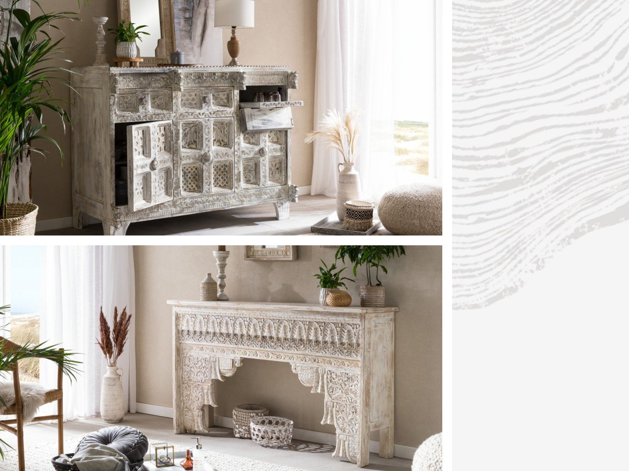 Helles Ambiente mit Damchaya Sideboard/Konsolentisch aus hellem Holz, skandinavisch, dekoriert mit Pflanze und Deko