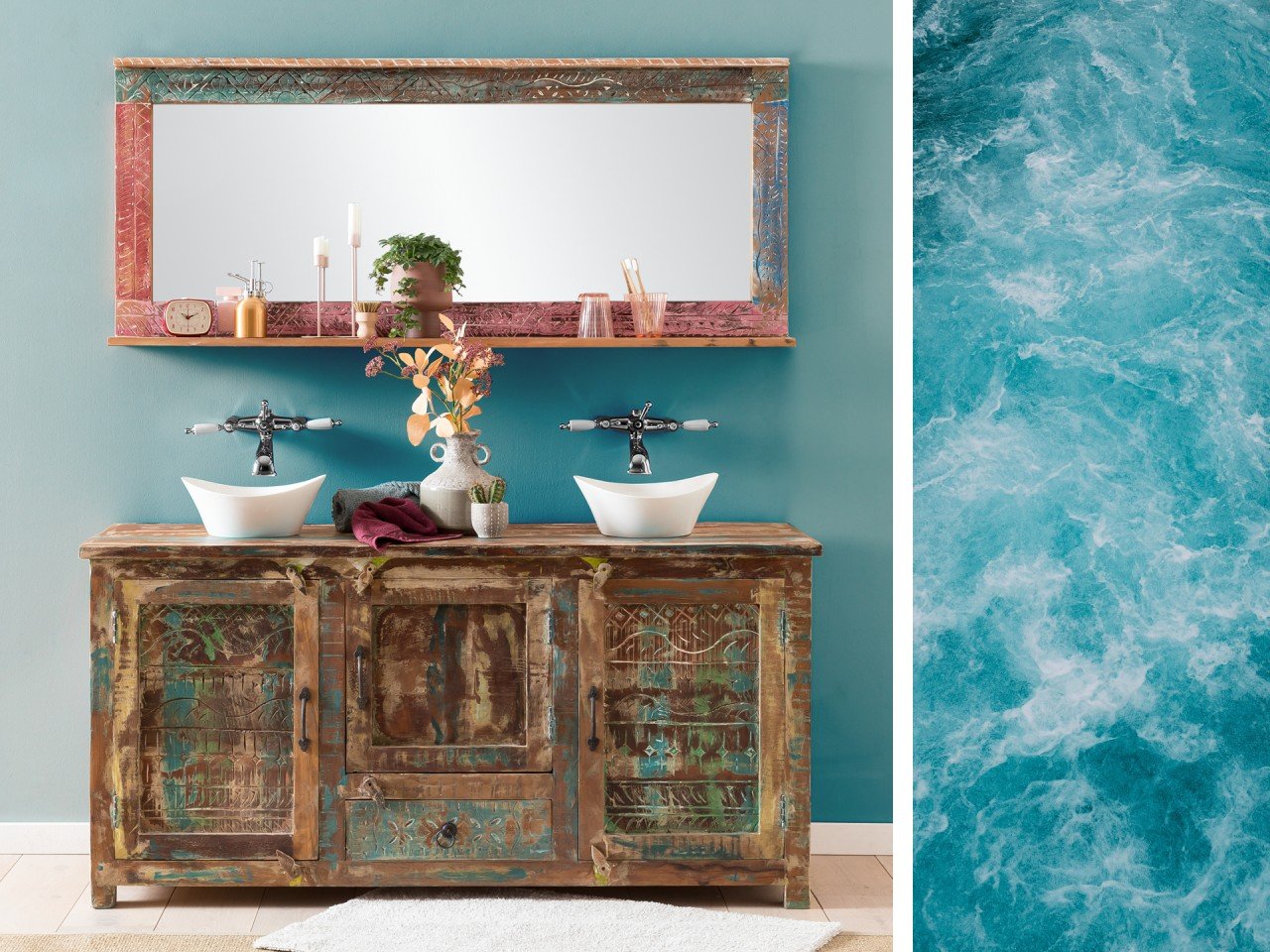 Collage moderner Waschtische und Badmöbel 'Blue Lagoon' in Blau-Lagune mit Holzakzenten, minimalistisches Badezimmer-Ambiente