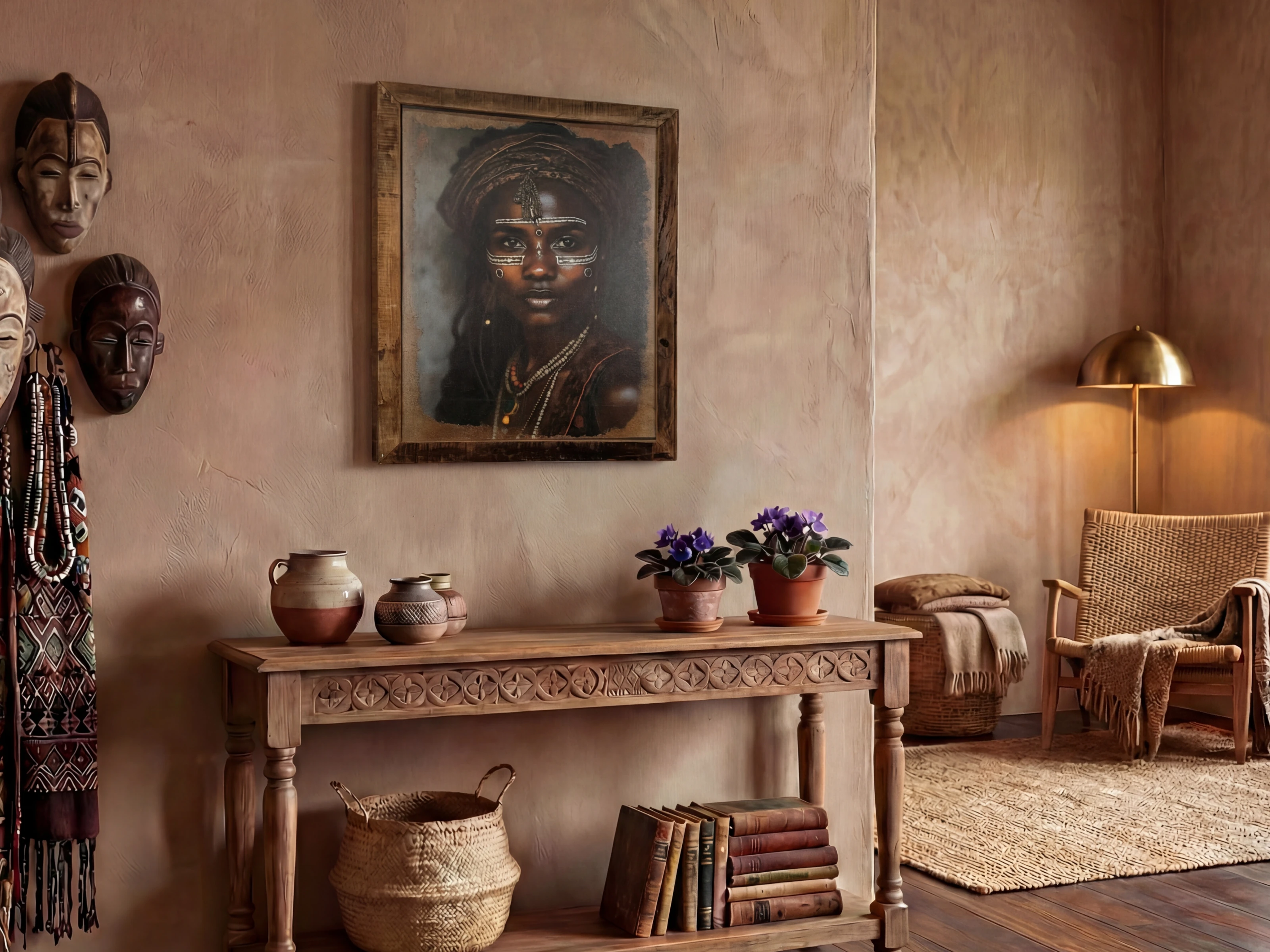 Wohnbeispiel mit Canvas-Wandbild ‘Earth Goddess’ 70×90 cm Altholz, Frontalansicht an Wand über Konsolentisch, 45°-Innenansicht