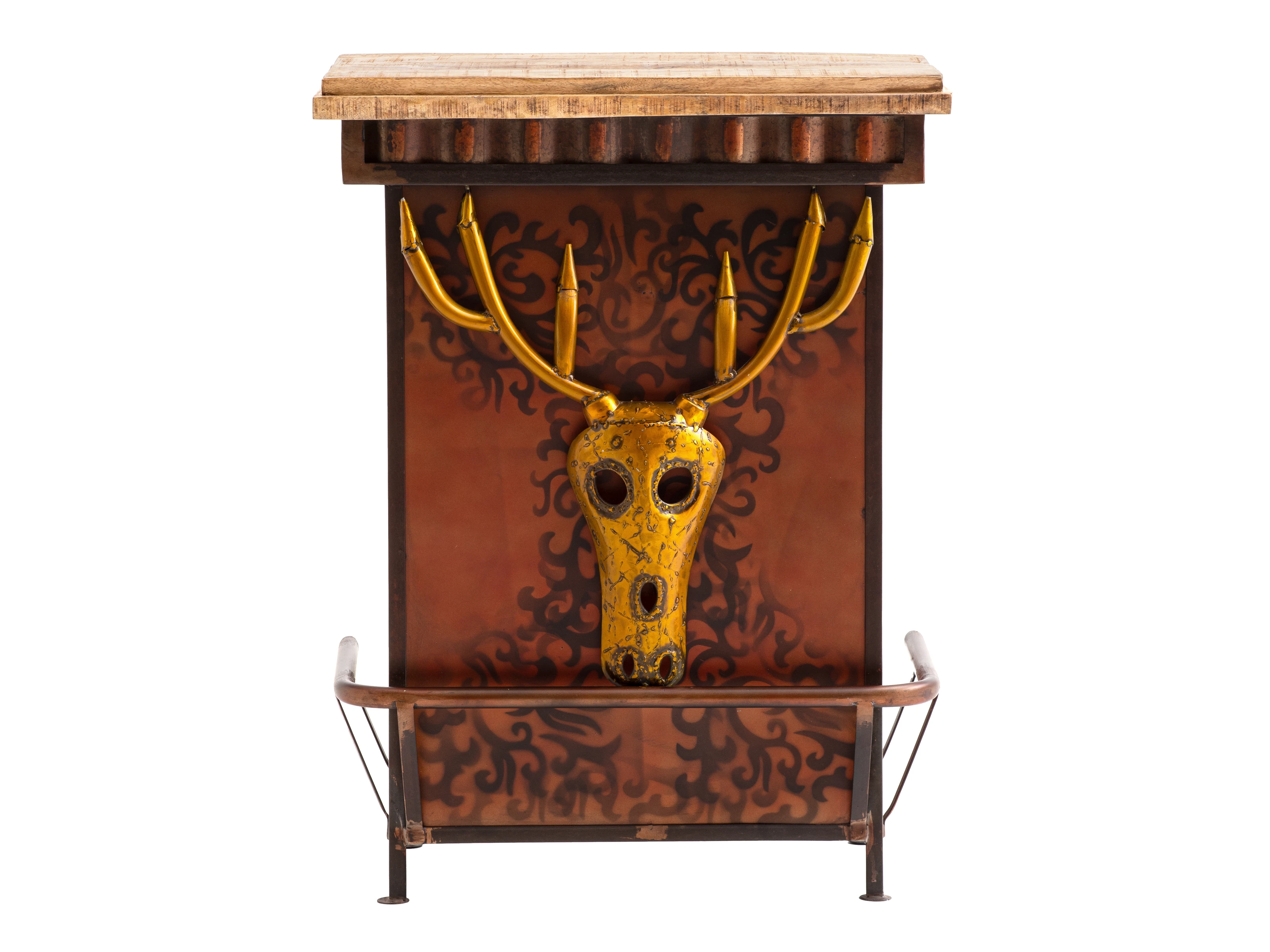 Freisteller-Frontansicht Bartresen Yorkshire Helloween mit Holzplatte, Metallgestell, goldener Geweih-Dekoration und Fußstütze