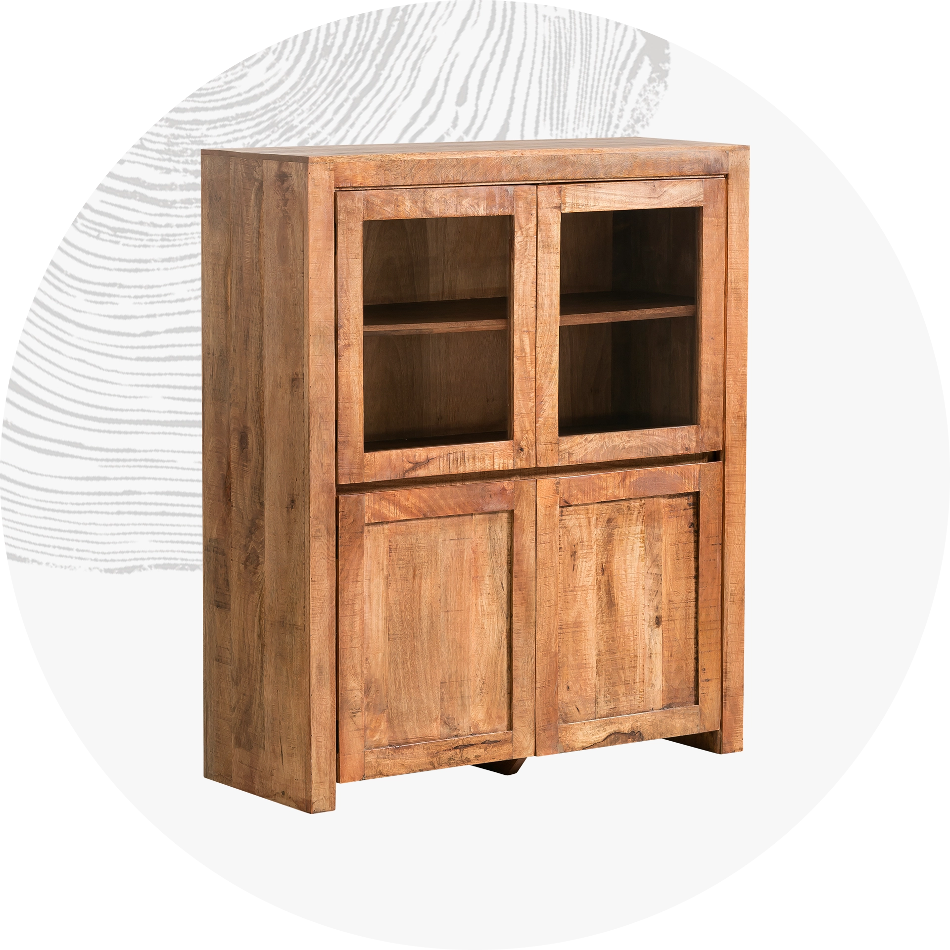 Mehrere moderne Holzschränke mit klaren Fronten und sichtbarer Maserung auf neutralem Hintergrund, Katalogabbildung.