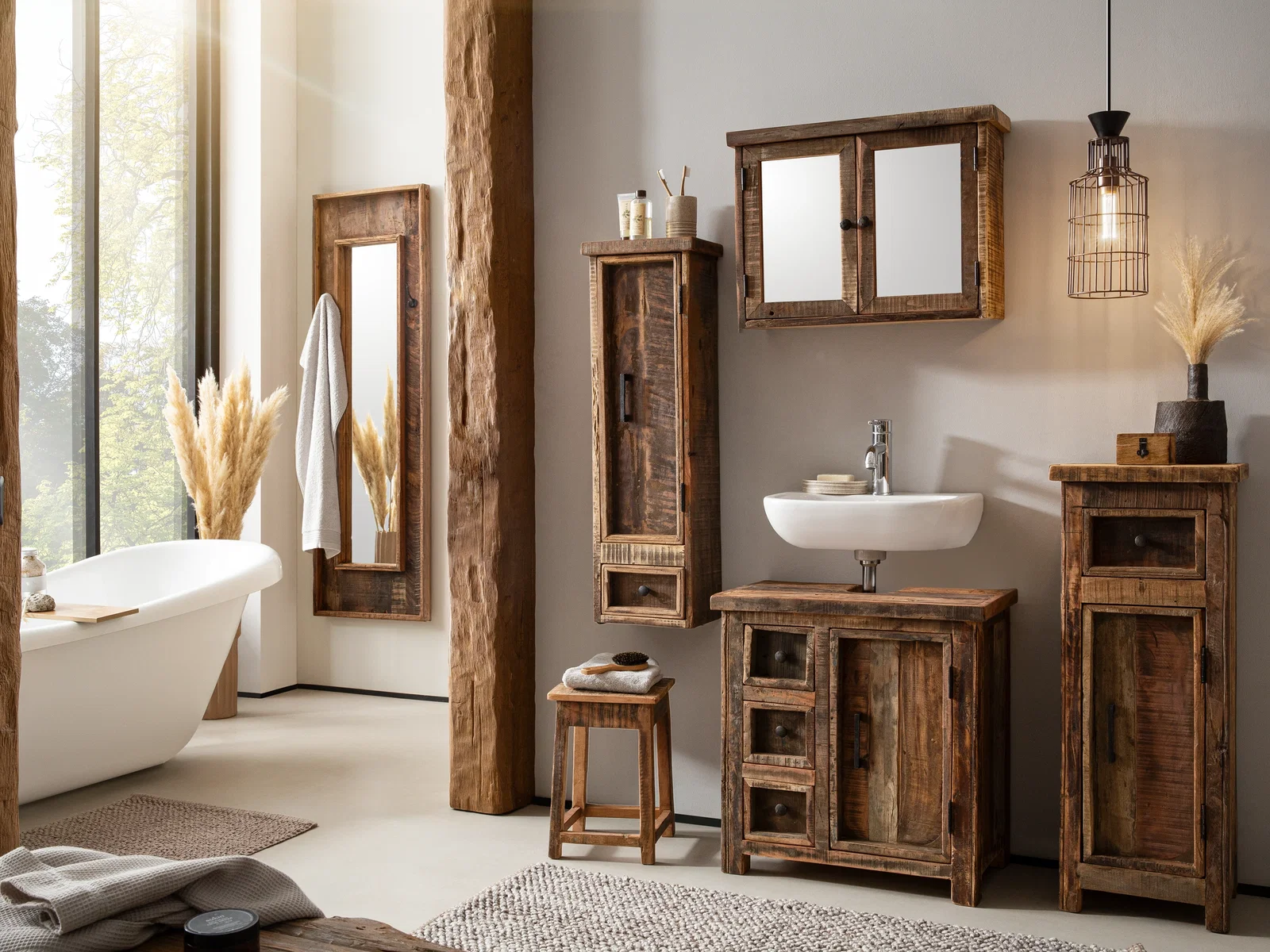 Ambienteaufnahme eines hochwertigen Holzmöbels in modernem Interieur mit warmen Tönen und Dekopflanzen