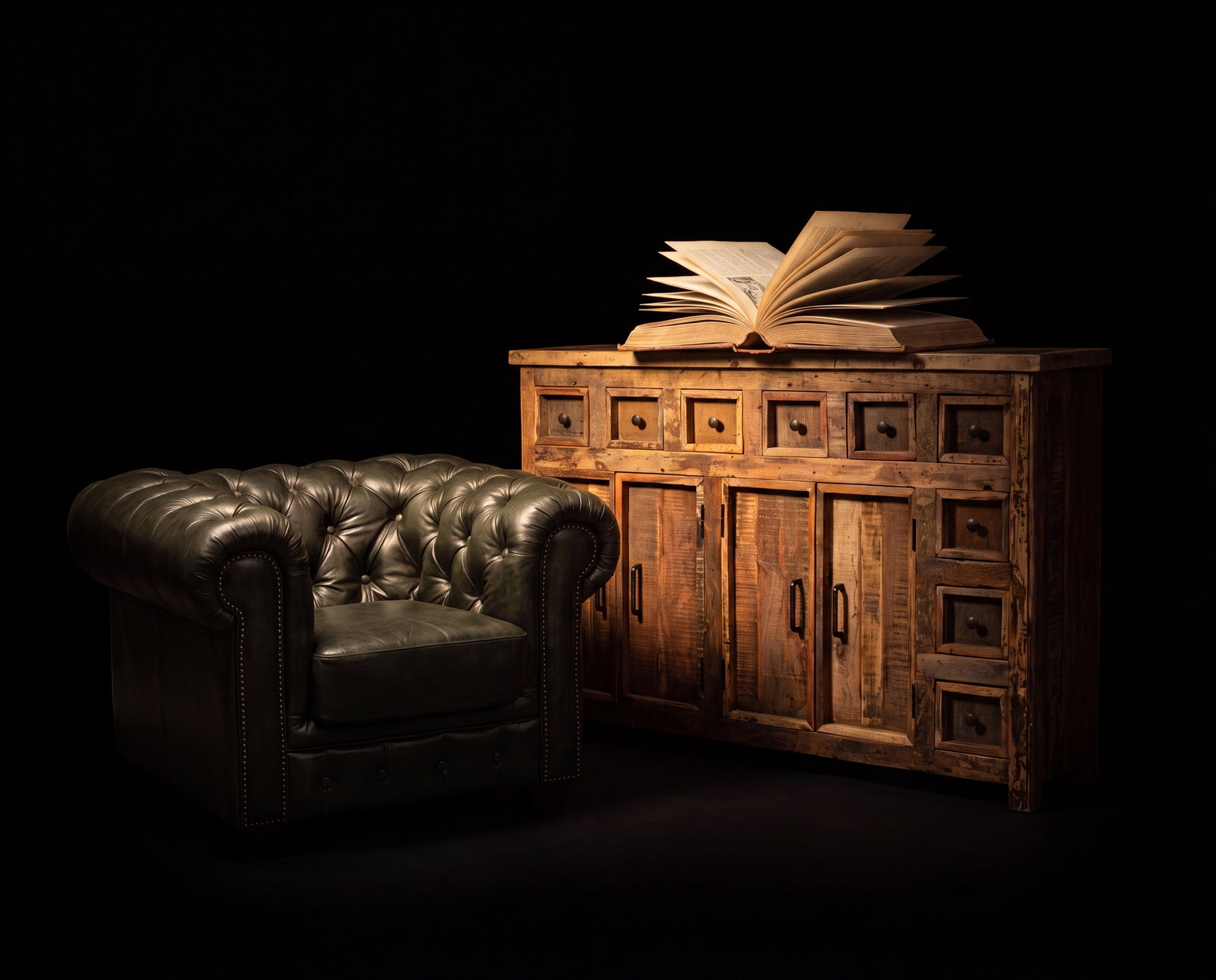 Chesterfield-Sessel aus Leder und charaktervolles Sideboard aus Holz vor schwarzem Hintergrund, stimmungsvoll inszeniert als Möbel mit Seele.