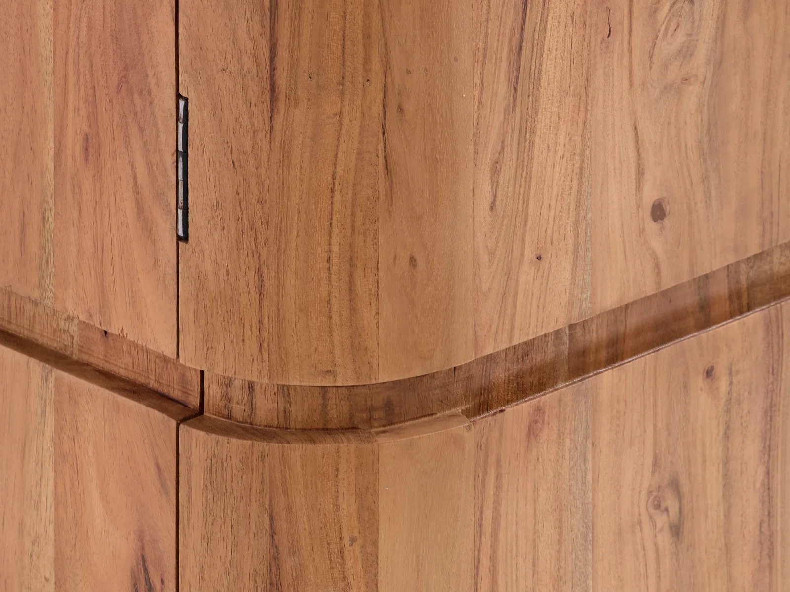 Detailaufnahme des Sideboards Kala aus braun lackiertem Akazienholz, mit sichtbarer Holzmaserung und Türscharnier, Freisteller in Frontansicht.