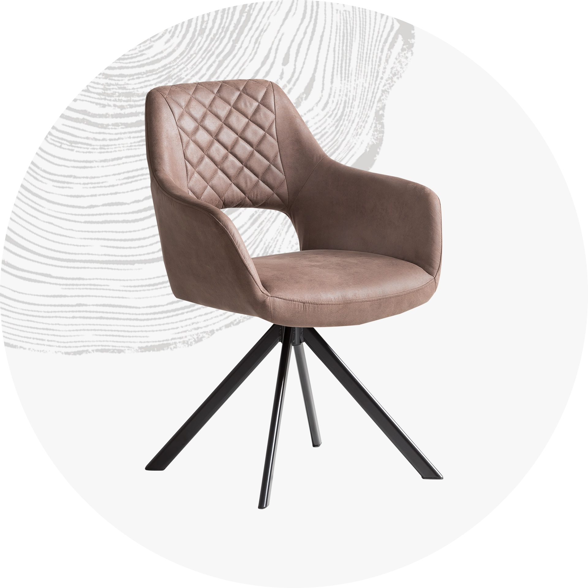 Moderner gepolsterter Esszimmerstuhl mit Stoffbezug und schlanken Holzbeinen, warmes Grau/Beige, skandinavischer Stil, komfortables Sitzpolster – ideal für Esszimmer und Wohnbereiche.