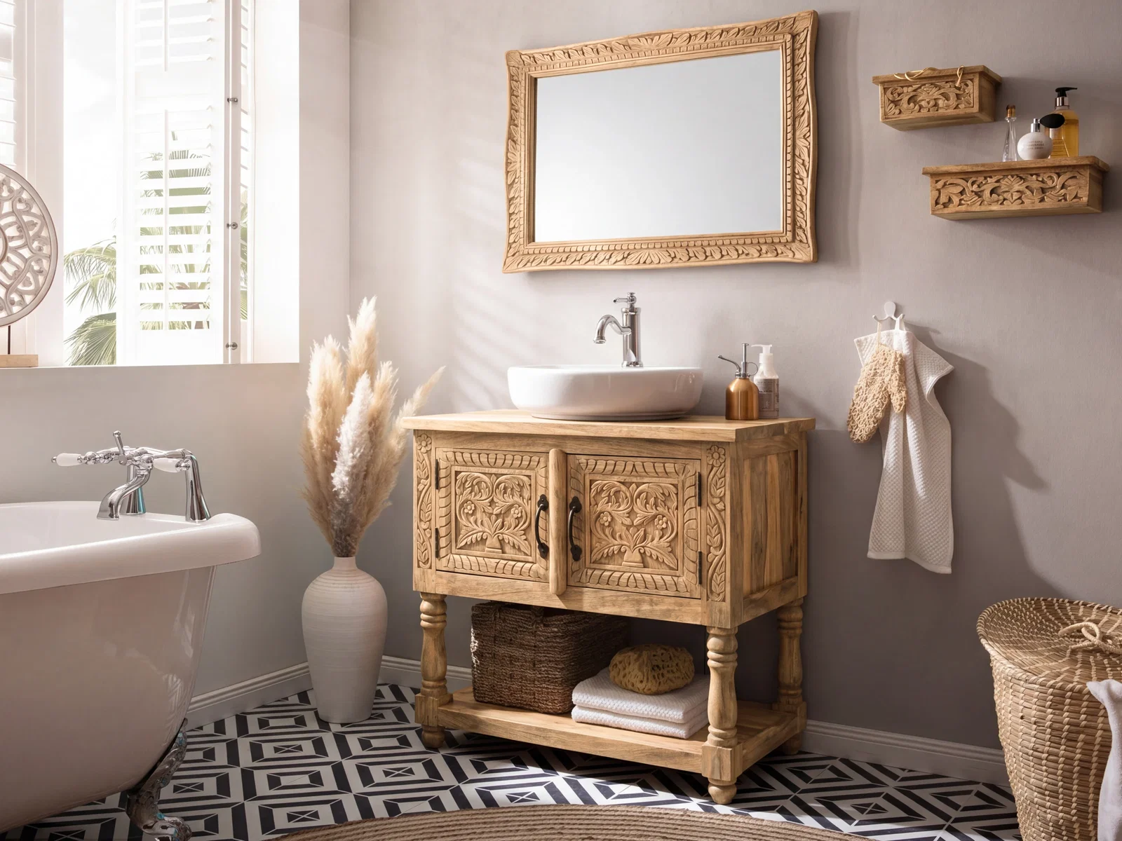 Boho Badmöbel aus Holz mit geschnitztem Waschbeckenunterschrank, Spiegel und Wandregalen im warmen Naturlook