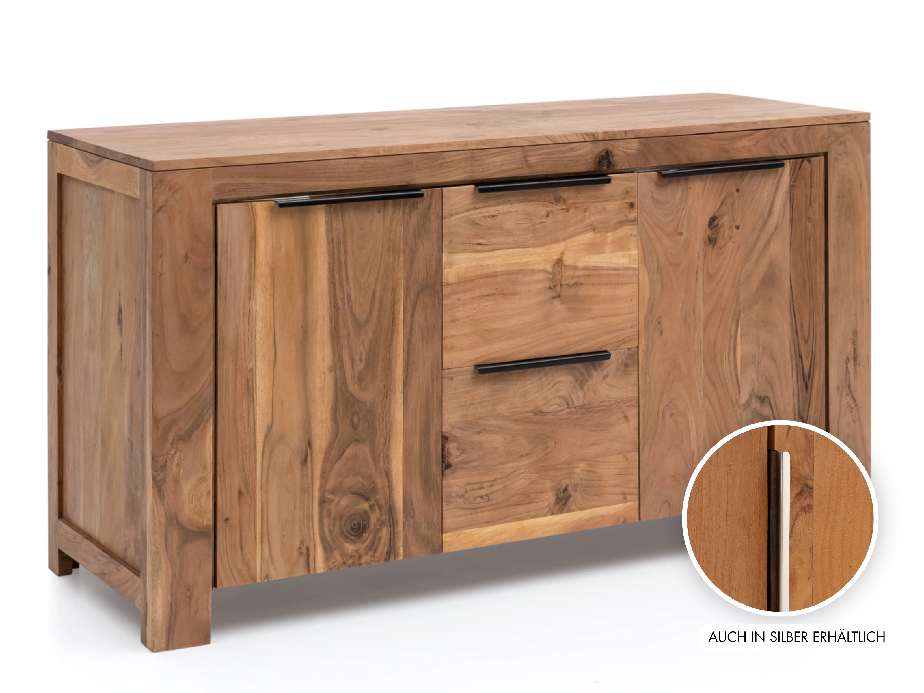 Waschtisch Osbon aus Akazienholz, 45-Grad-Freisteller mit 2 Türen und 2 Schubladen, schwarz-griffig, braun lackiert; detailreiche Produktansicht mit Inset der Silbergriff-Variante