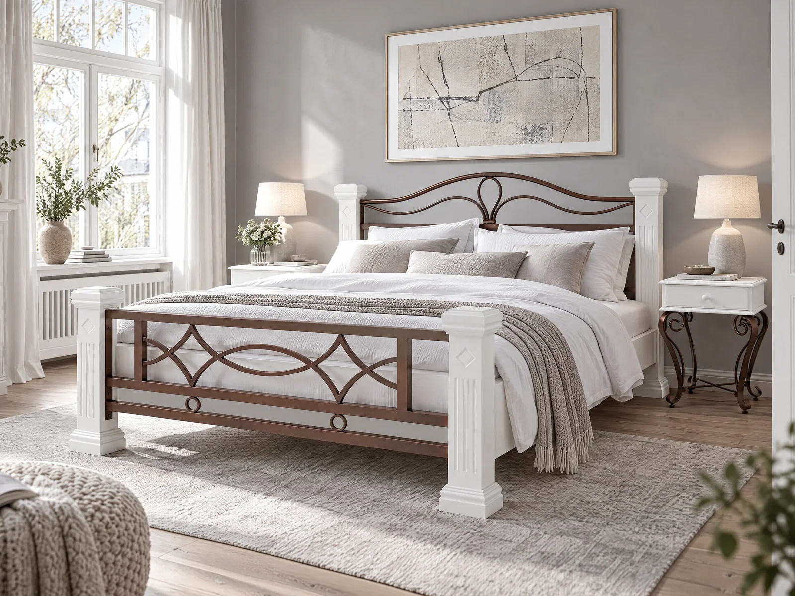 Bett Byzanz weiß im Wohnbeispiel, 45-Grad-Ansicht, elegantes Holz-Doppelbett mit verziertem Kopf- und Fußteil, ohne Matratze und Lattenrost sichtbar.