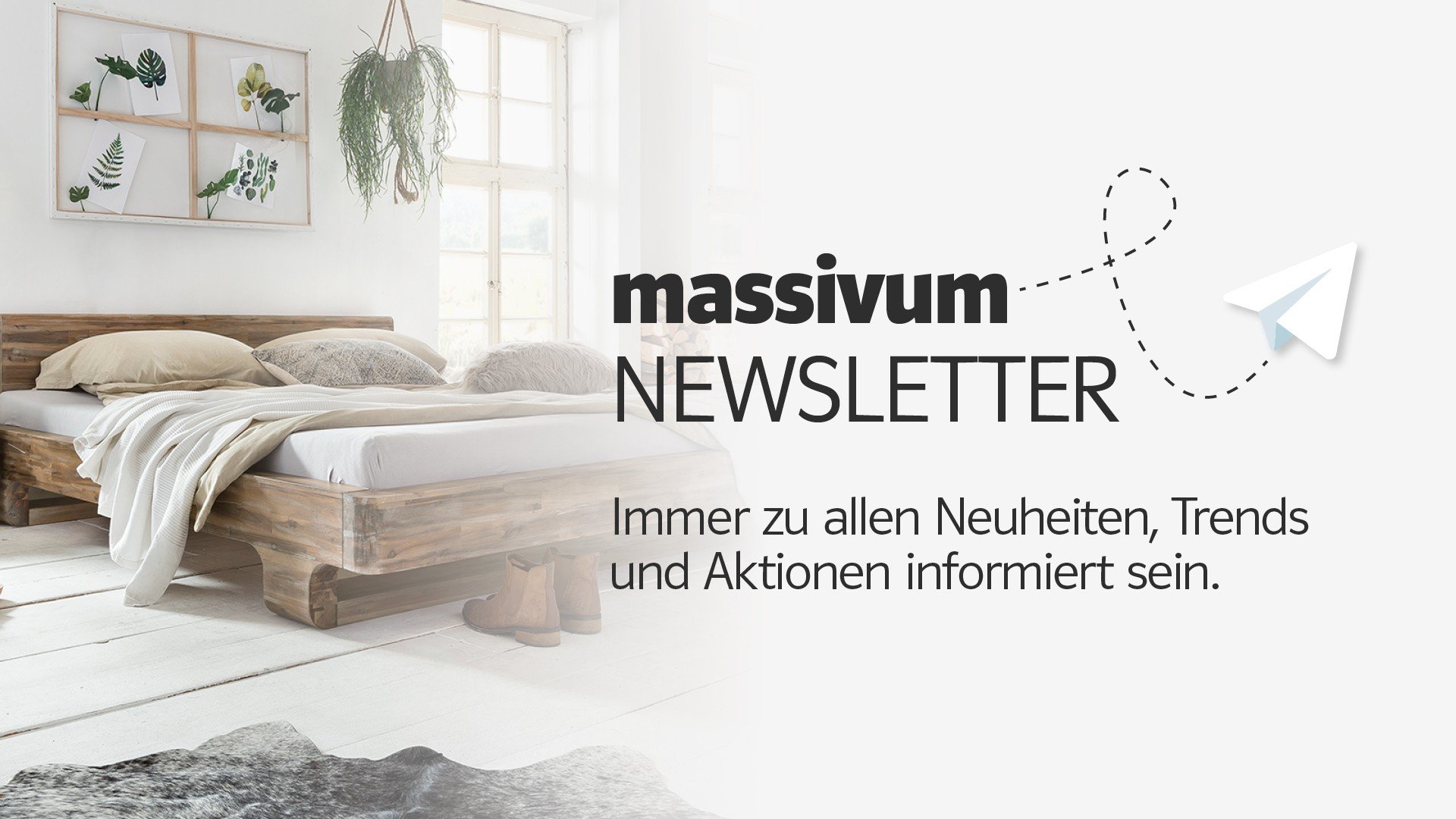 Newsletter-Header mit modernen Holzmöbeln in heller, minimalistischer Wohnzimmereinrichtung, warmen Naturtönen und klarem, freundlichem Layout