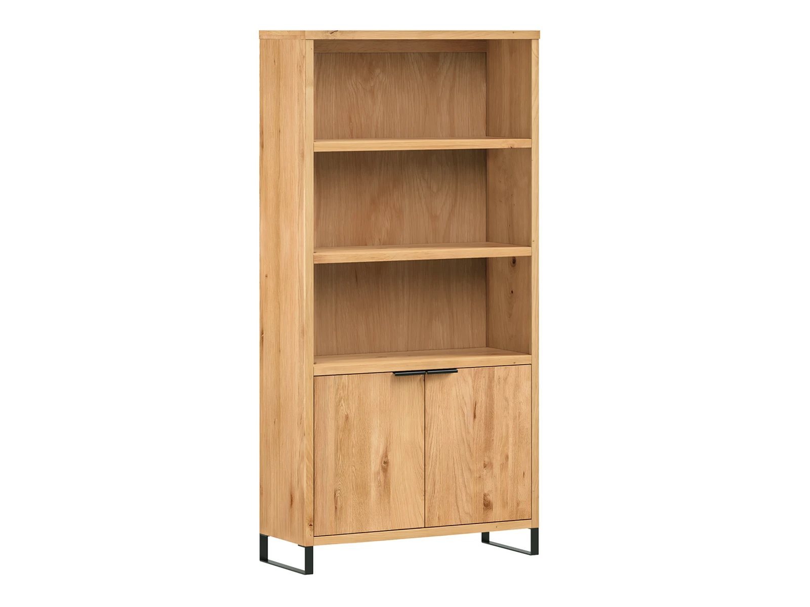 Freisteller Frontansicht Bücherregal Sydney Wildeiche, Eichenholz geölt, 90×180×35 cm, 3 Fächer, 2 Türen, Wohnmöbel. Fehler im Befehl: Falsche Syntax in der Nähe von "Sydney".