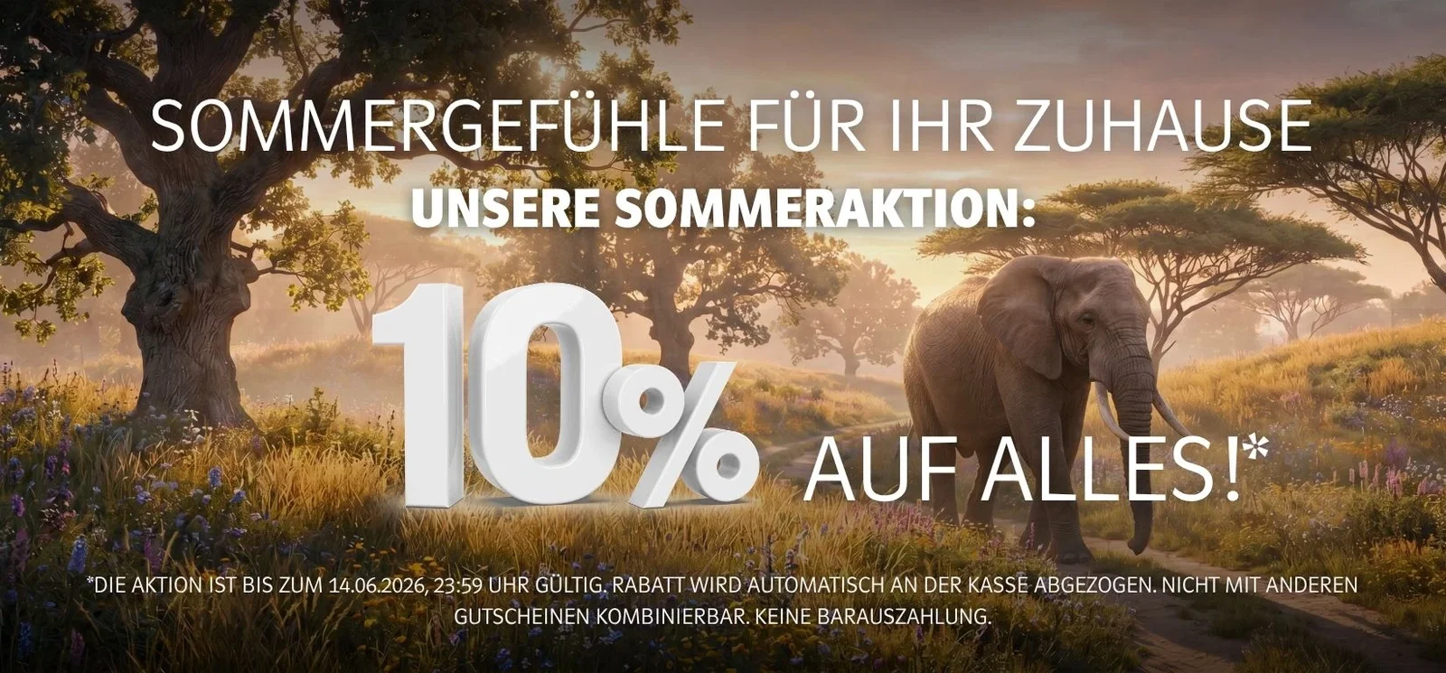 Banner zur Sommeraktion: 10 % auf alle Produkte, mit Elefant in sonniger Savannenlandschaft und warmen Naturfarben
