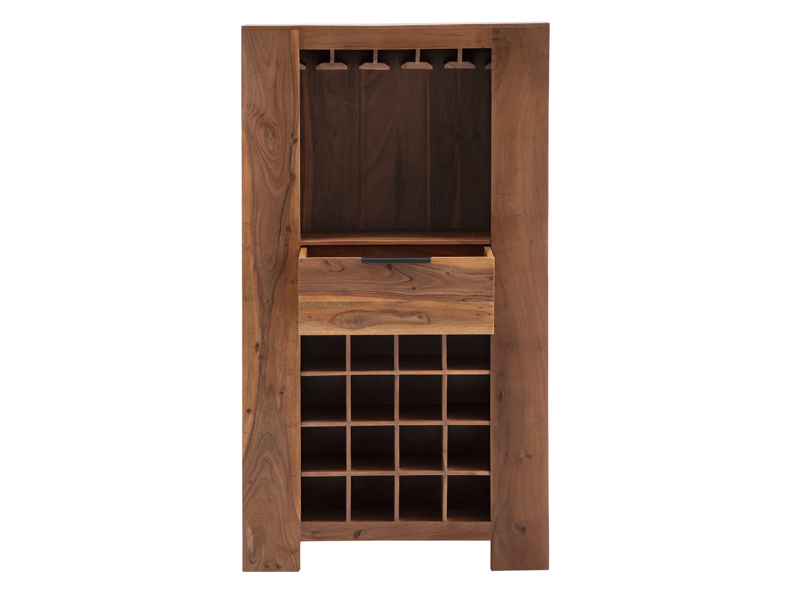 Freisteller-Frontansicht Highboard Osbon Akazie (80×145×45?cm), 1 Schublade, 16 Flaschenfächer & Gläserhalter – Weinmöbel.