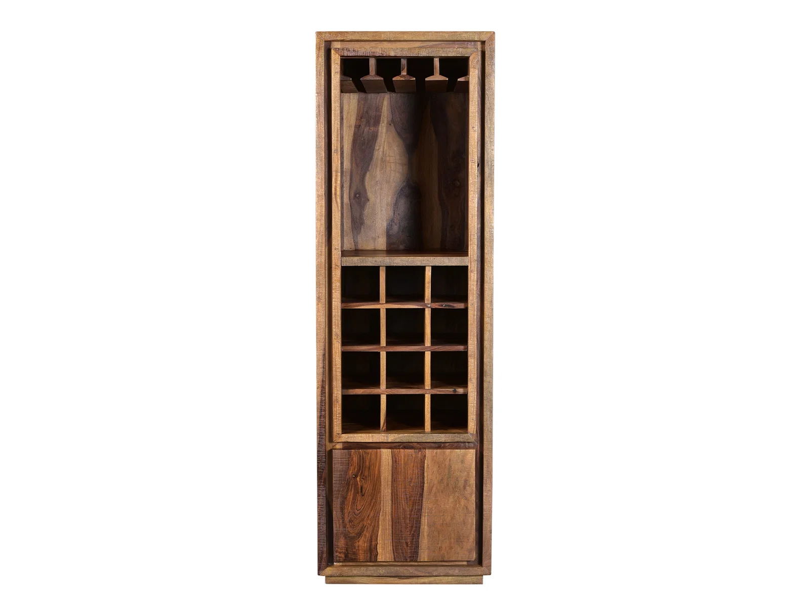 Verschiedene Barschränke aus Holz und Metall mit Glastüren, Ablagen und Stauraum – warmes Holzfinish und schwarze Metallakzente für Homebar und Wohnzimmer.