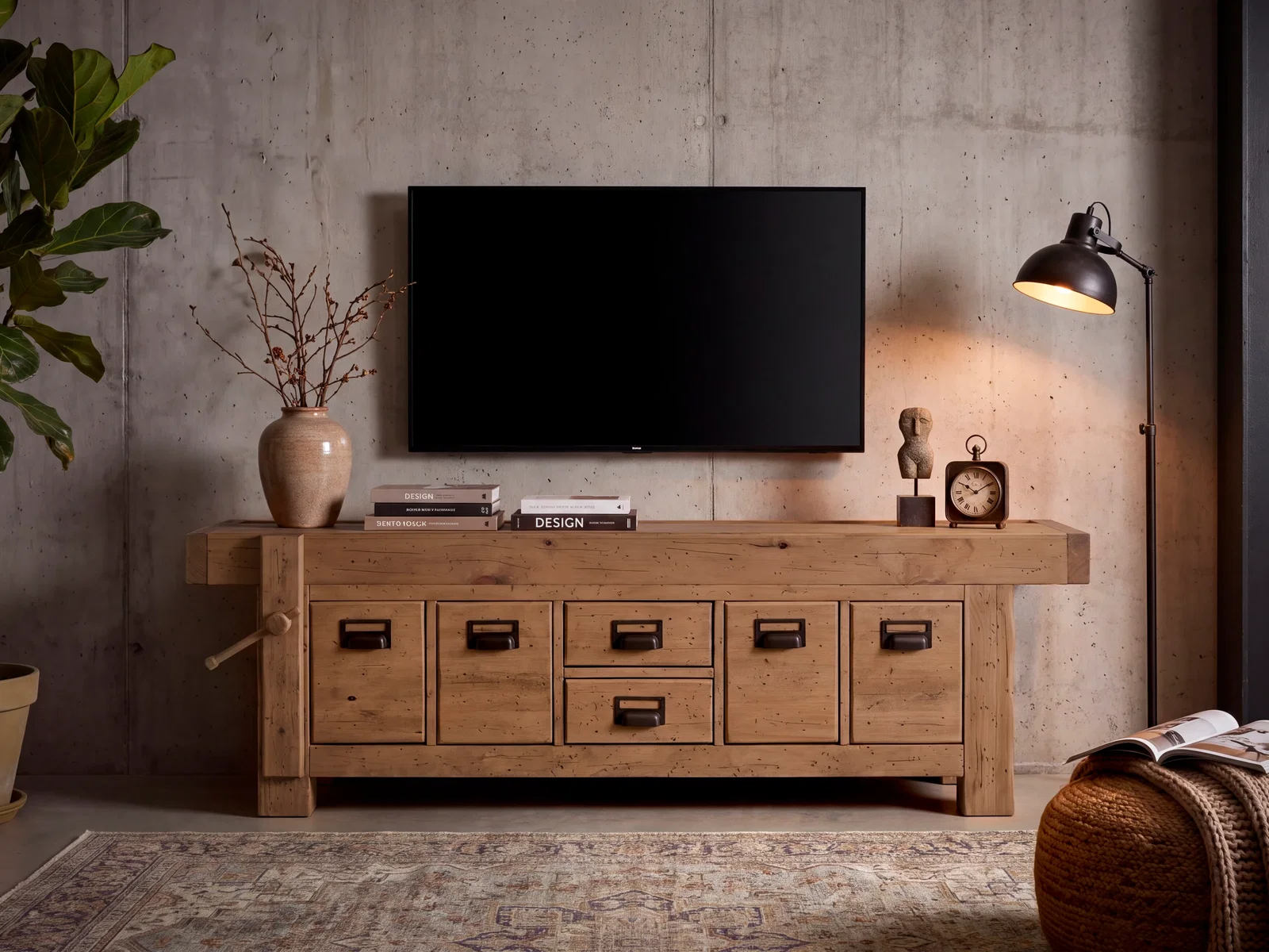 TV-Bank Otago Pinie in braun, 45°-Ansicht im Wohnbeispiel, aus Holz mit Türen und Schubladen, unter montiertem TV präsentiert.