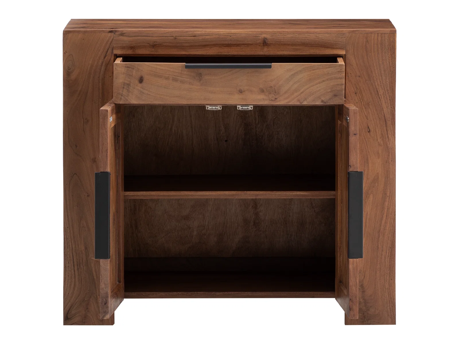 Freisteller Frontansicht geöffnete Kommode Osbon mit 2 Türen und 1 Schublade, lackiertes Akazienholz Braun, 100×90×45 cm