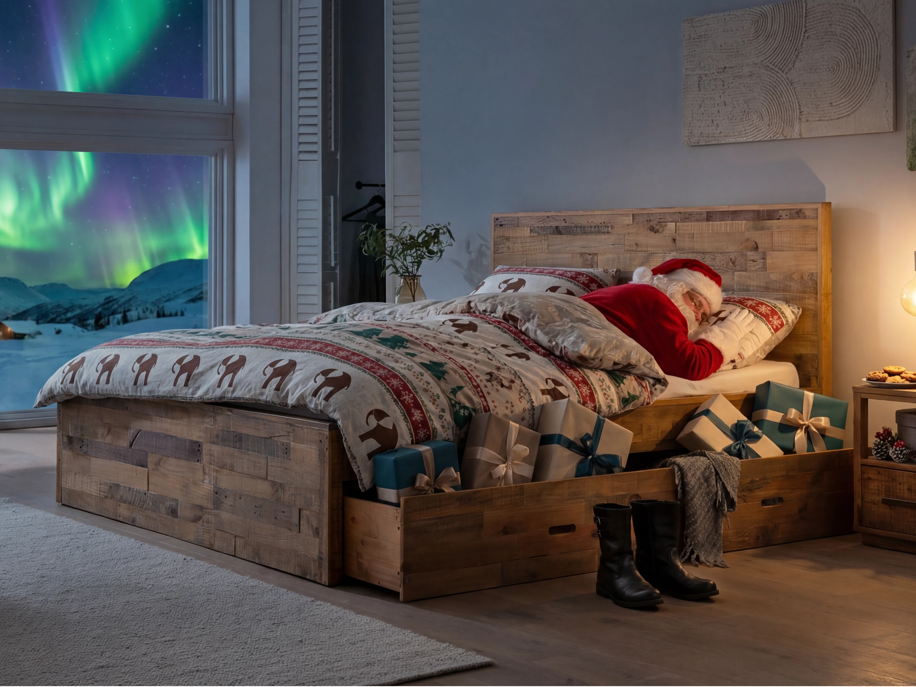 Weihnachtliches Interior-Ambiente: Woodkings Mayari, natürliche Deko mit Tannengrün und warmen Lichtern – gemütliche Stimmung, modernes Design aus Massivholz.