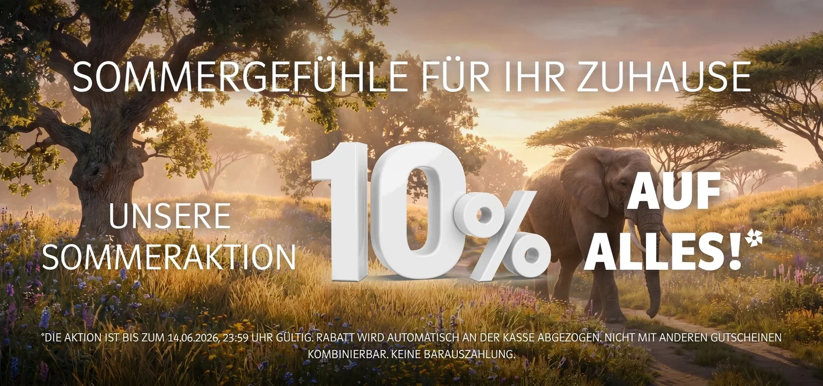 Banner zur Sommeraktion: 10 % auf alle Produkte, mit Elefant in sonniger Savannenlandschaft und warmen Naturfarben